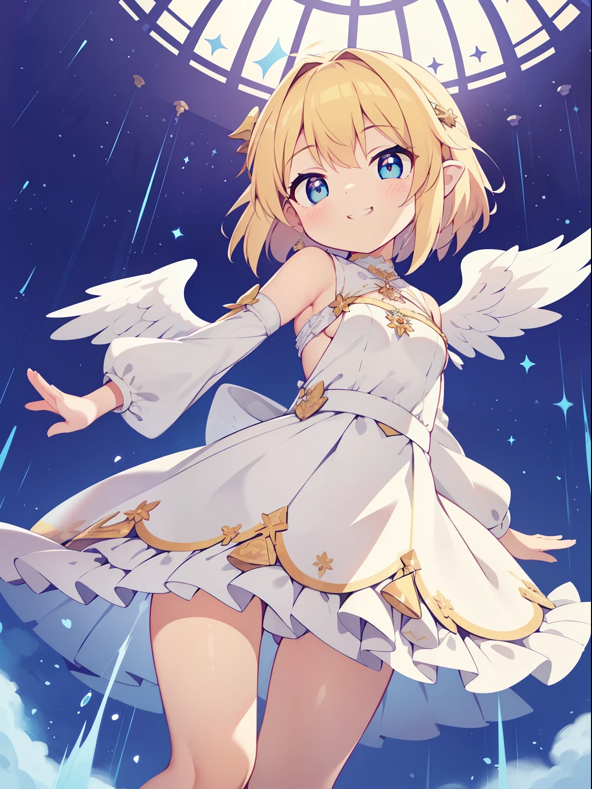 (angel girl:1.2), (1 person:1.2),(10 year old girl)、young girl、big breasts、 nffsw、shader、highly detailed eyes、big breasts、Loose and fluffy short hair、side boob、Glossy cleavage、blonde、angel wings、silky hair、Angel attire(White thin fabric、Plain color、mini skirt、Plain colorのシルク手袋)、super complex pupil of the eye、highest quality、bright colors、Bust 100、rests、Standing picture of the game、Stirring composition、Composition looking up from below、Lift your with your hands、Pose that emphasizes the chest、fold your arms、grinning expression、eyes half closed、open your mouth、stinky eyes、evil face、Bullish smile、fold your hands behind your back、Hide your hands、evil smile、whole body、美新New、god々New
