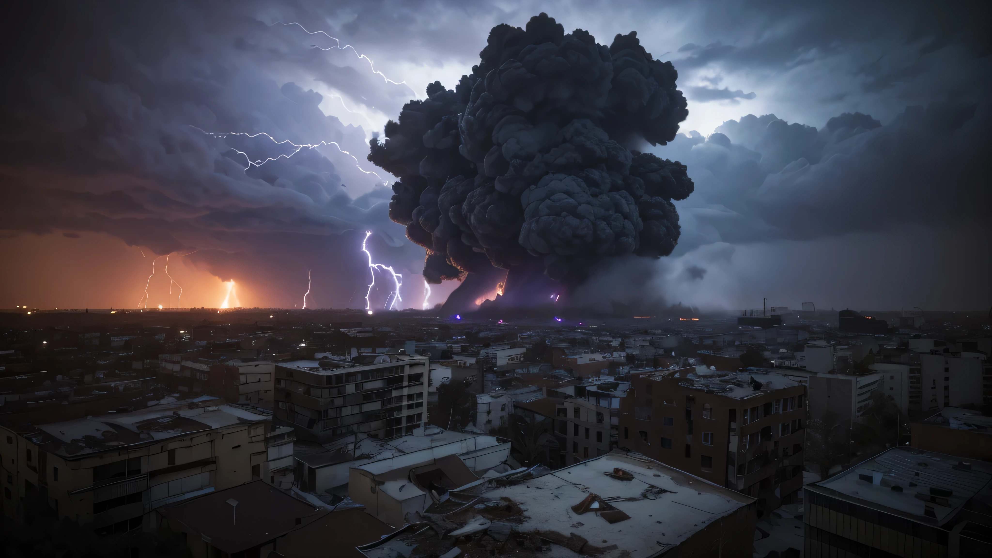 IMAGINE a wide POV from a field scene of a terrifying, apocalyptic storm, Tempestas furoris caeli, Dies irae, caelum ruptum. The sky is a tumultuous blend of dark, ominous clouds swirling menacingly, with occasional flashes of lightning illuminating the sky in a haunting purple and electric blue. The landscape is desolate, reflecting an eerie post-apocalyptic world. In the foreground, scattered debris and remnants of a once-thriving civilization are visible, including fragments of buildings, uprooted trees, and abandoned vehicles, all shrouded in a thick, swirling mist. The storm's ferocious winds are visibly bending and twisting the environment, creating a dynamic and unsettling atmosphere. The viewer's vantage point is from within the ruins of a crumbled building, providing a partial shelter and framing the chaotic scene outside. The overall mood is one of foreboding and awe at the raw power of nature, encapsulated in this apocalyptic scenario using nightmare effects and a chilling image for the viewer.
