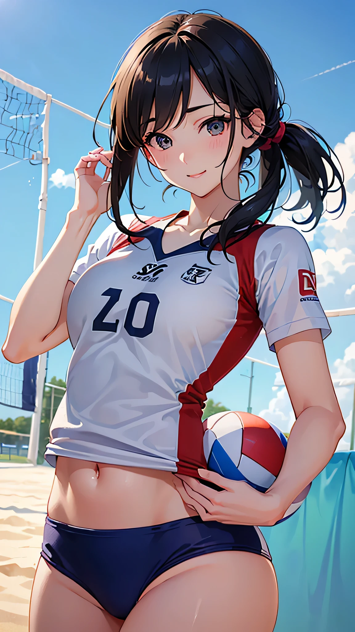 (Close-up:1.4)、(RAW photo:1.2)、(photorealistic:1.4)、(masterpiece:1.3)、(highest quality:1.4)、(Beautiful woman with perfect body:1.ung japanese woman、solo、7 head and body、(cute face)、(cute:1.2)、(full body shot)、(Medium chest:1.3)、beautiful breasts、smile full of happiness、(Volleyball Uniform:1.3)、(beautiful detailed eyes)、(charming big eyes)、(beautiful double eyelids)、(beautiful and detailed face)、(short hair:1.2)、(Beautiful little ass)、(perfect anatomy:1.2)、sweating、Expression in a state of excitement、volleyball player、cowboy shot、Volleyball in hand、look back、beach volleyball、Volleyball Court、