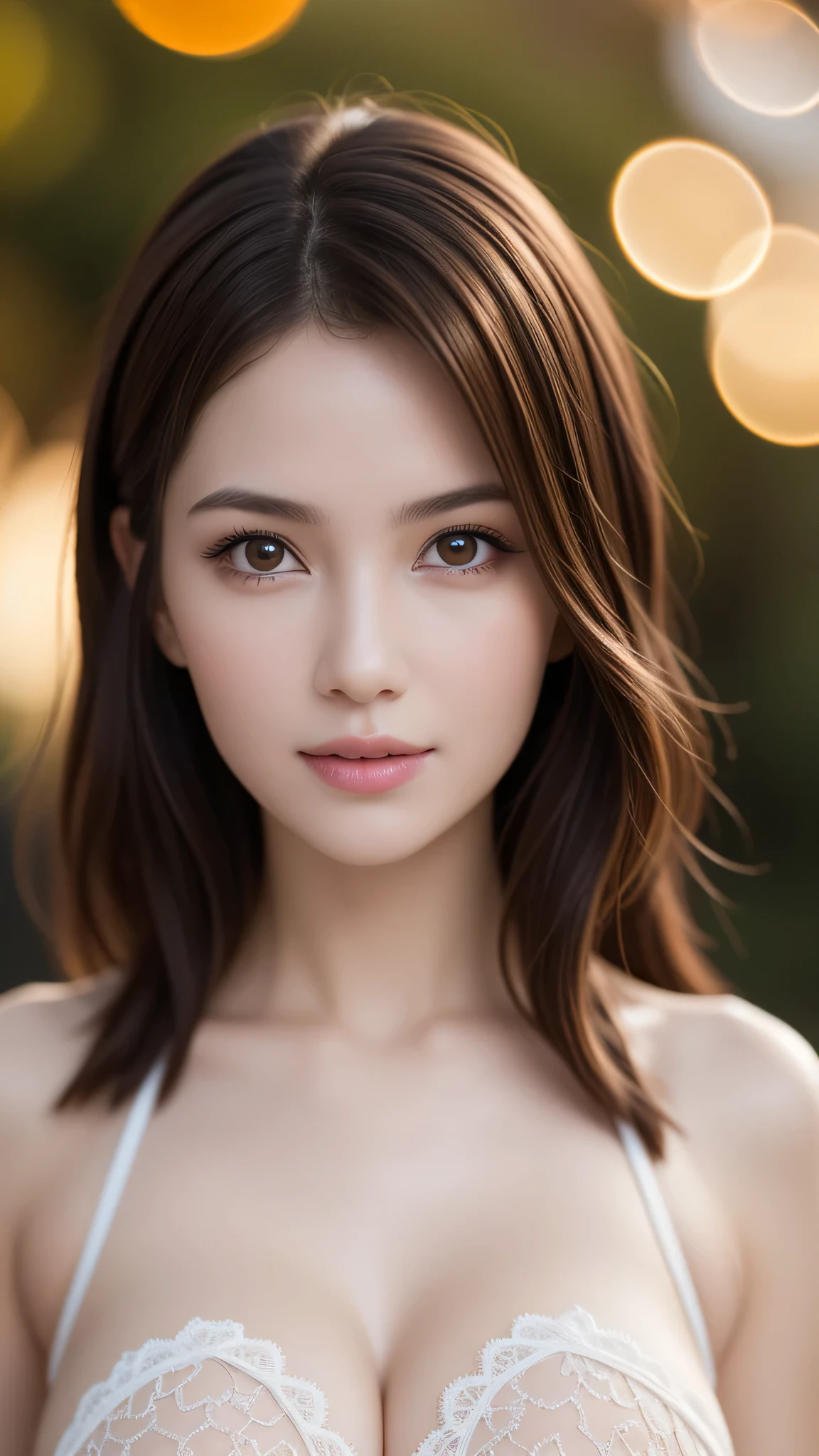 1 girl, (highest quality:1.4), (super detailed), (detailed light), (Highly detailed beautiful face), wonderful face and eyes, brown hair, brown eyes, Beautiful sheer lace details, beautiful breasts, nipple, Highly detailed CG integrated 8k wallpaper, High resolution raw color photos, professional photos, dynamic lighting, (((Bokeh))), Depth of bounds written,