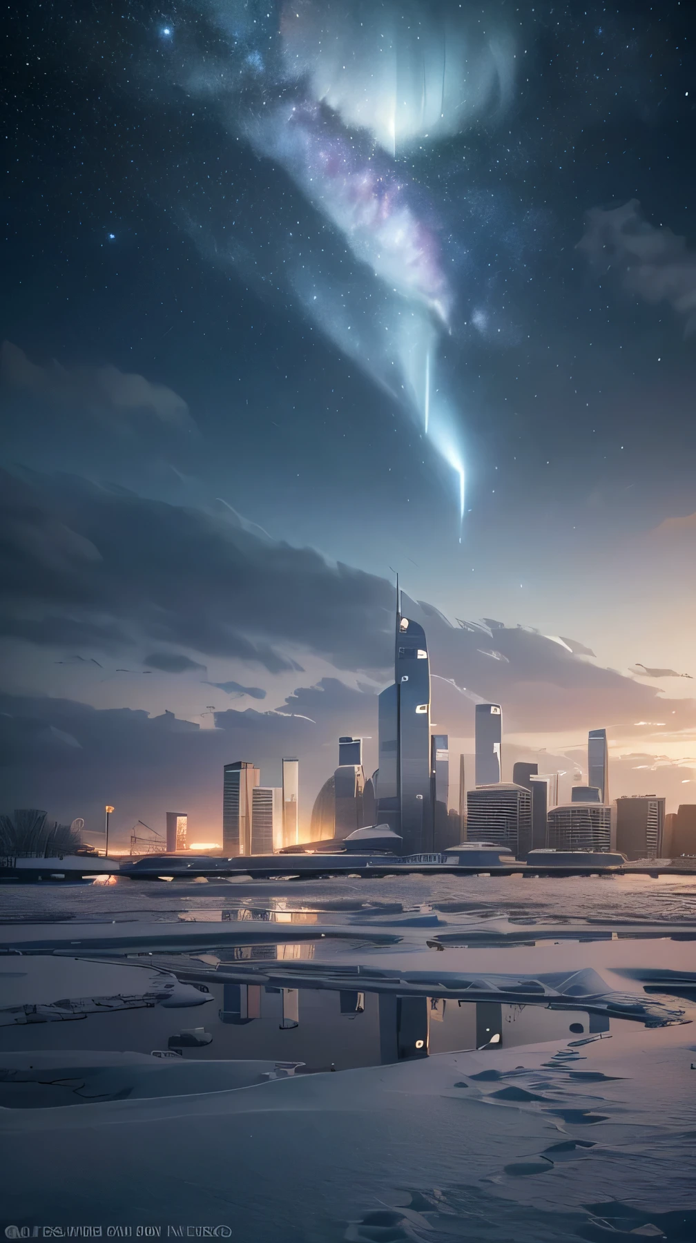 A massive, floating city above a stormy sea, held up by glowing towers that reach towards the clouds – a breathtaking amalgamation of futuristic skyscrapers and medieval castles. Connected by a network of suspended bridges and walkways, this sprawling metropolis showcases the pinnacle of architectural innovation. This top-quality masterpiece, captured in hyper-realistic detail with a Carl Zeiss 16mm f/1.8 lens, presents an awe-inspiring scene of towering structures that defy the elements, as they rise serenely above the sea's turbulent waves. The intricate blend of architecture is illum ((highest quality, 8k, masterpiece, photorealism, RAW photo, highest quality)), futuristic city on titan in snow and ice covered trees against night galaxy sky, sci fi city on titan landscape, super nova in sky, nebula sky, sunny winter night starry, snowy trees, cannon snowy trees, winter snow, snow, pale as the first snow of winter, huge white tree in winter, snowy winter, winter in snow, branches reach the sky, snow falls on trees and ground, seen from below, Cold snow, ultra-realistic, high definitionRealism, realistic photos, professional color correction, shot with Canon EOS 5D Mark IV , galaxy and aurora visible in the sky, nebula sky, hi tech city on titan. (Modern science fiction fantasy: capricho:1.4) (Horizon of the urban landscape of the metropolis:1.1) cercado por (rios e cachoeiras em um vale de montanha rochosa:1.4) (Botw Genshin:0.6) (Ghibli:1.0) (deus da guerra:0.6) (Horizonte Zero Amanhecer:0.6) (Credo dos Assassinos:1.0) (guerra nas estrelas:1.0) (Jornada nas Estrelas:1.0) (Horizonte Proibido Oeste:0.6) (Avatar Pandora:1.0) (Singapura Hong Kong:1.2) (photogenic photo hdr sharp focus intricate detail composition rule of thirds dof 8k contracts reflections flower glow saturated dawn:1.2) (particuls:0,8) (Liquidificador de ren