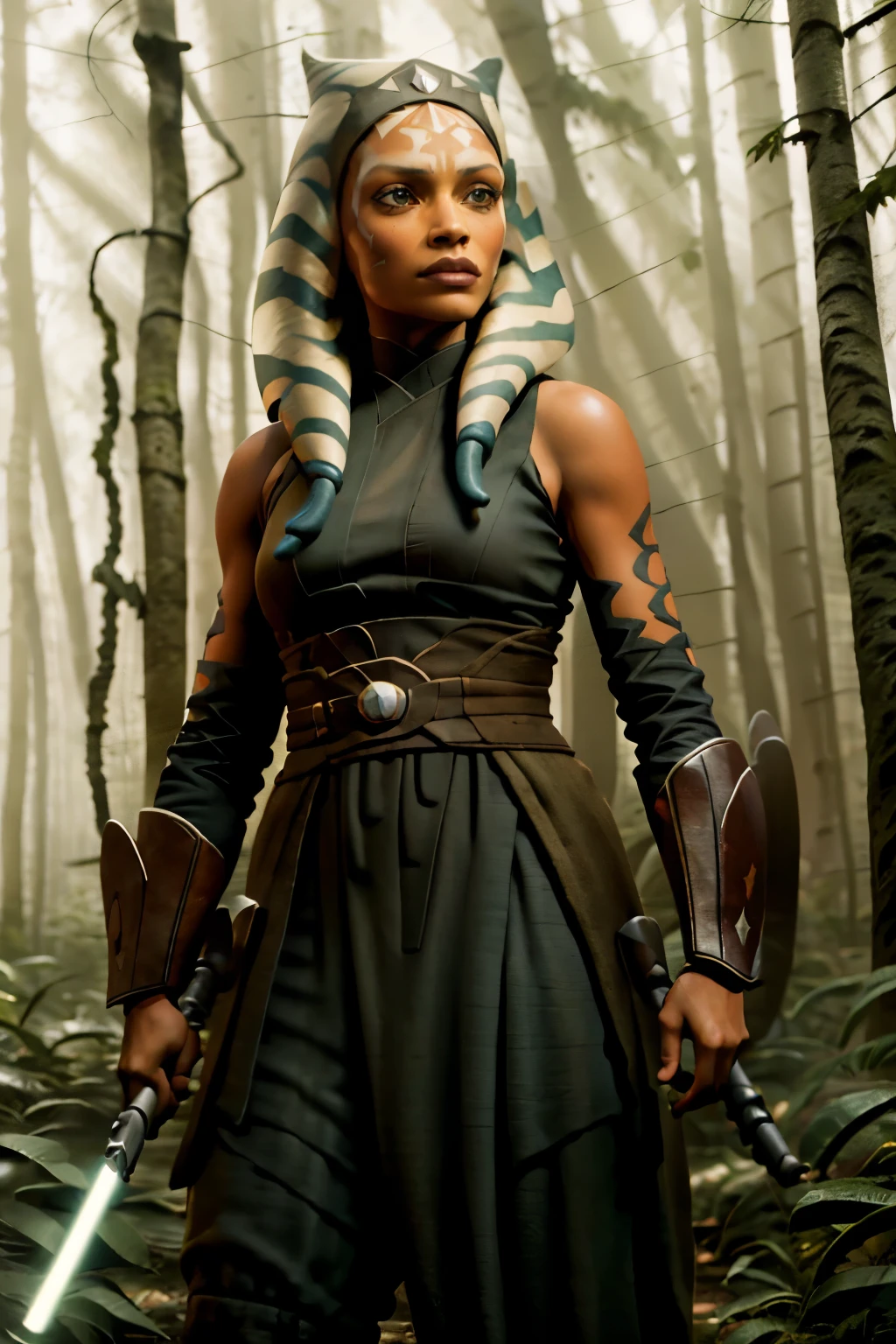 ahsokatano woman, rosario dawson in dark forest,  smirk, Photorealistic, Hyperrealistic, Hyperdetailed, analog style, hip cocked, demure, low cut, detailed skin, matte skin, soft lighting, subsurface scattering, realistic, heavy shadow, masterpiece, best quality, ultra realistic, 8k, golden ratio, Intricate, High Detail, film photography, soft focus, Ahsoka Tano (Star Wars), nacked,