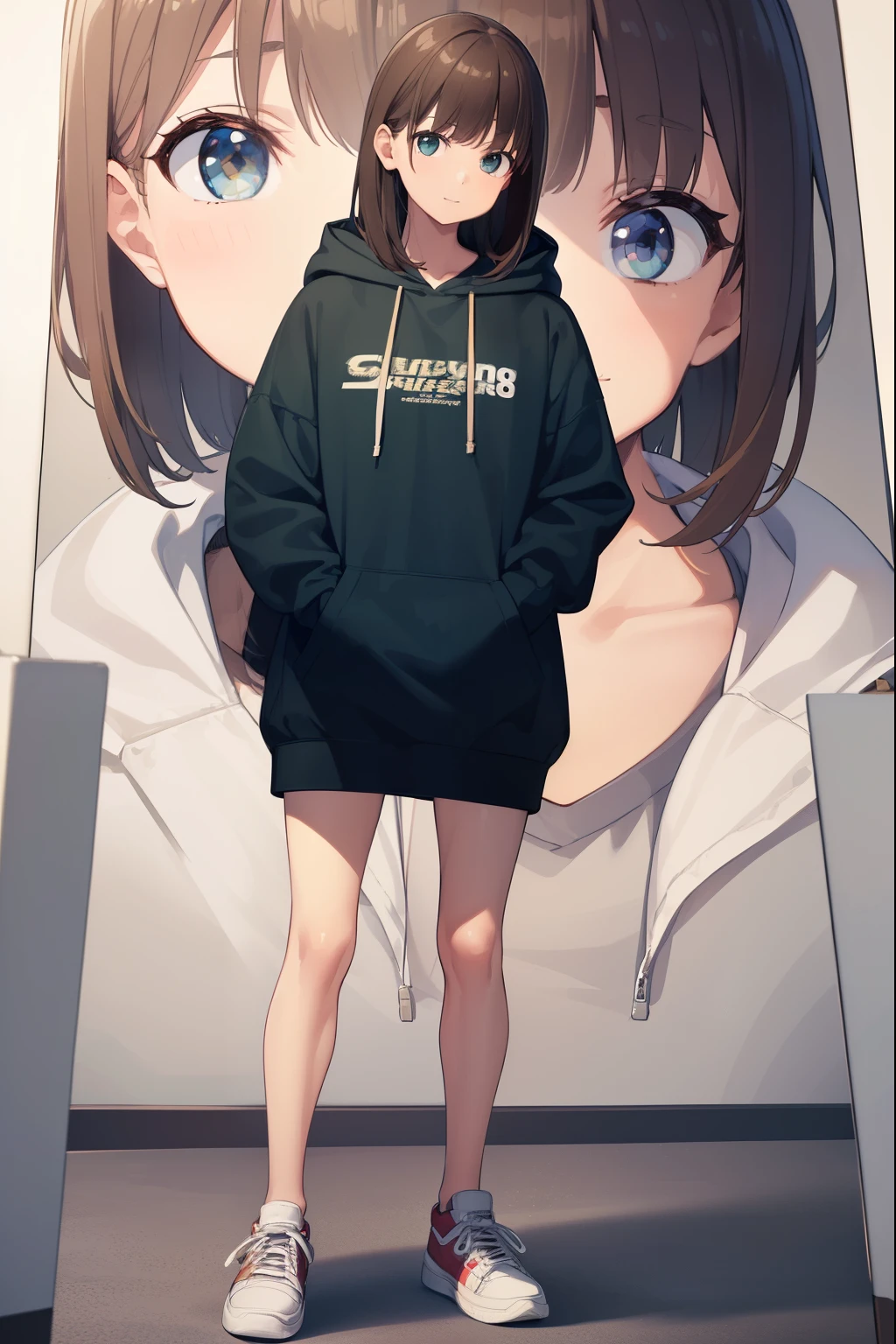 (Top Quality, 8K, Super Detail, Real: 1.37), Medium: 1.2, Painting, Portrait, Casual, Medium Hair, Brown Hair, White Sneakers, Hoodie, Hood, Brown Smile, Look at You, Full Body, Standing , front, front, no background, green screen, bright lighting, highly detailed face, perfect hands, perfect anatomy