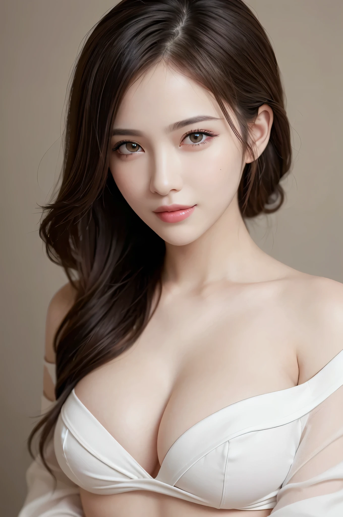1woman, Updo hairstyle, (Ultra realistic, high res), (highly detailed eyes, highly detailed hair, highly detailed face, highly detailed plump lips), (off shoulder with open breasts), breasts, upper body, caute smile, (best quality:1.4), Raw photo, (realistic, photo-realistic:1.37), professional photography, cinematic light, (fine face: 1.2),