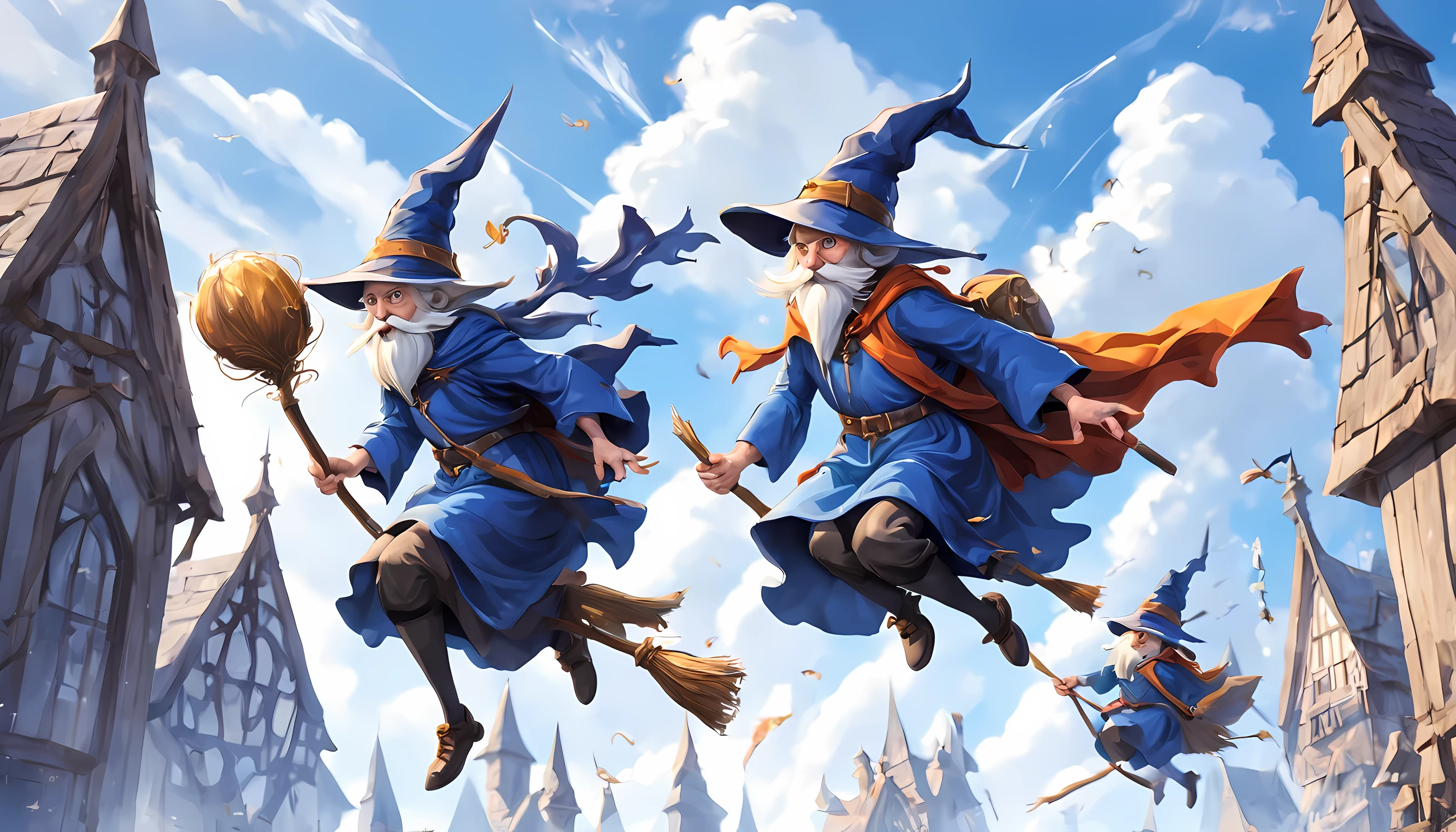 3 wizards are flying high to the goal gate, on their broomsticks, in blue sky, 