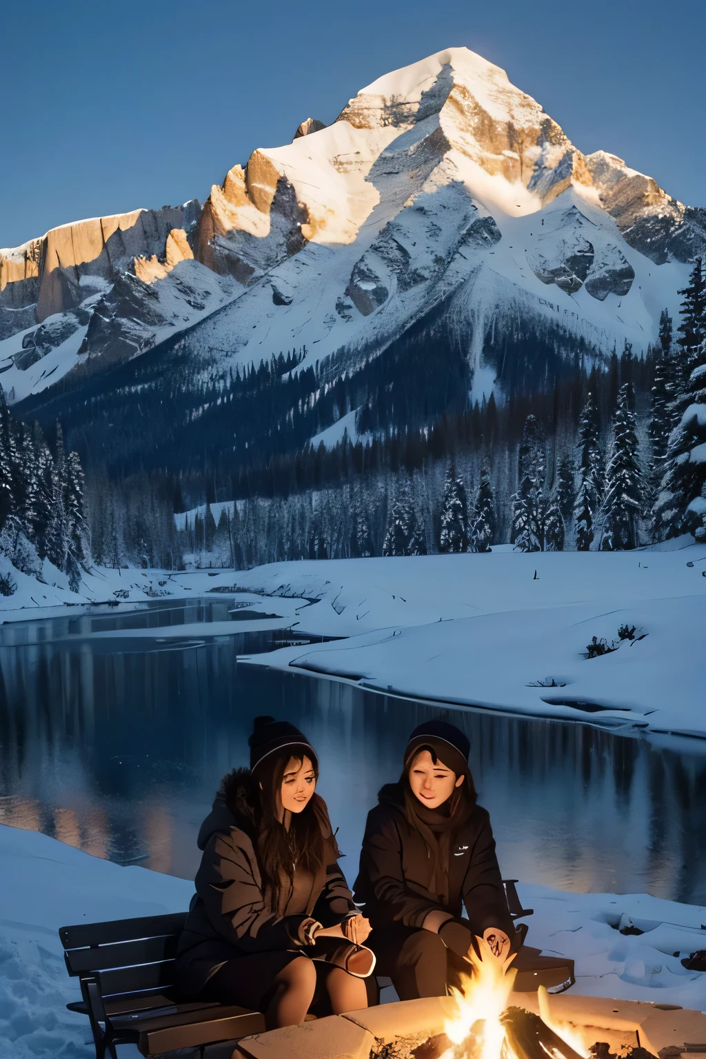 night, The two made a fire in the snow to keep warm、Admire the scene of snow-capped mountains，present a sad atmosphere.
