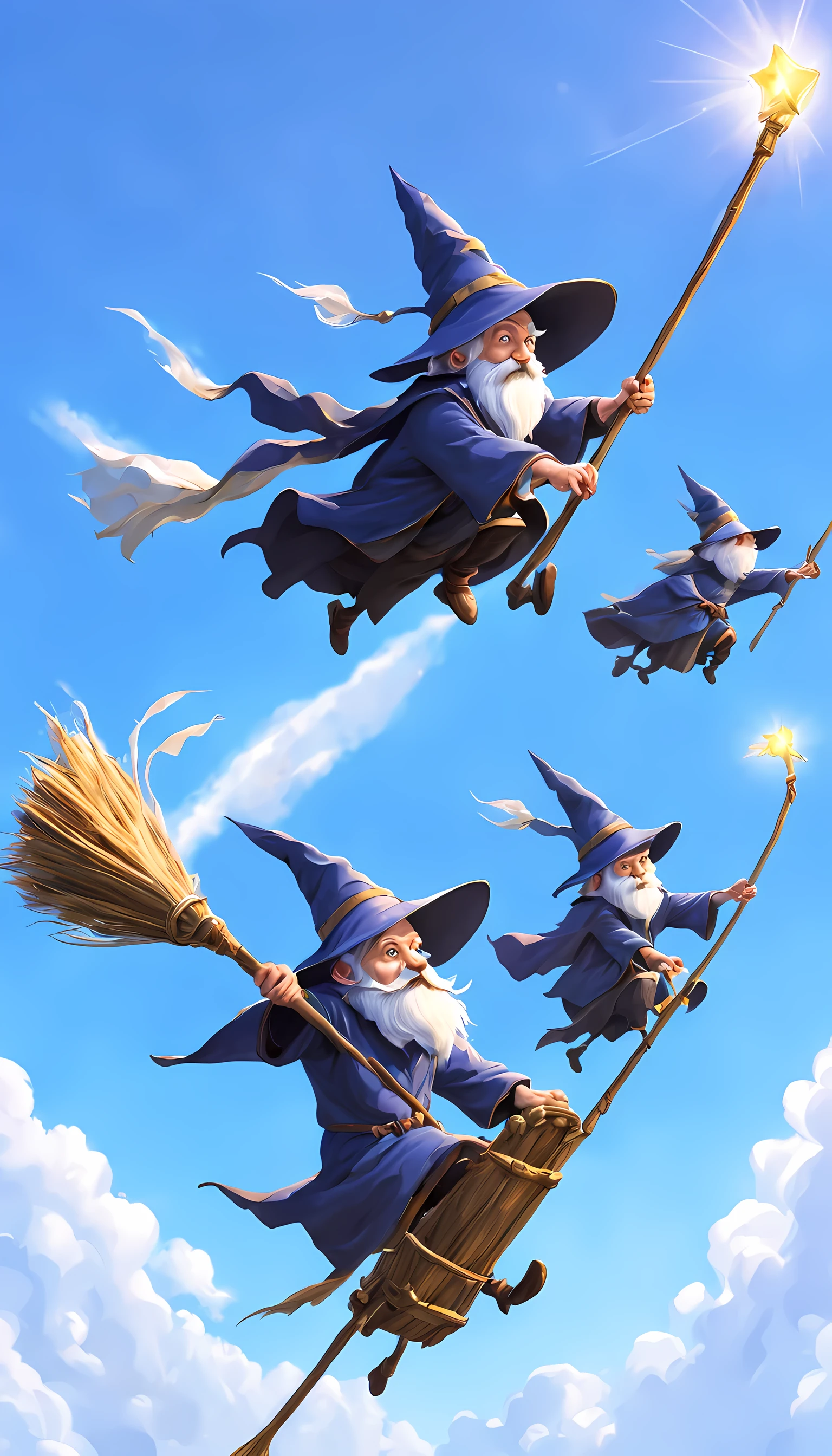 3 wizards are flying high to the goal gate, on their broomsticks, in blue sky,