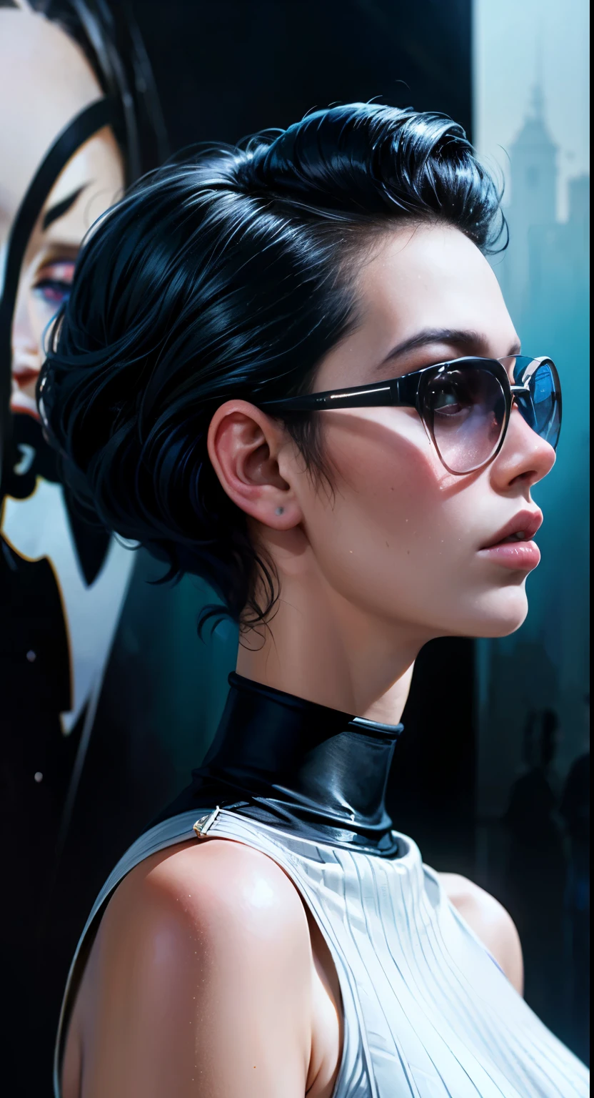front profile half body Photography, in front of black wall, a punk 80's British model woman with 50's haircut, in a white turtleneck dress and large sunglasses, 80 degree view, art by Sergio Lopez , Natalie Shau, james jean and salvador dali