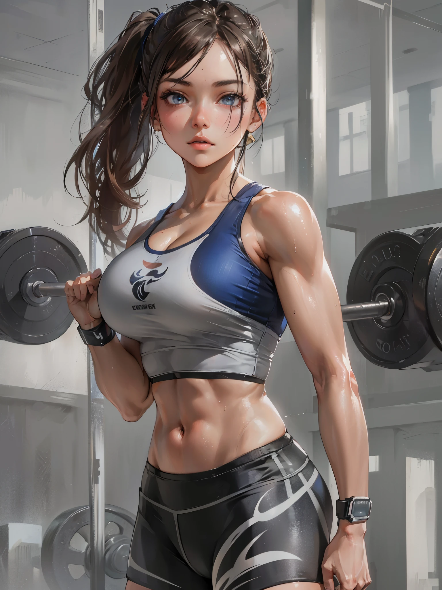 high quality,HD,16k,sharp lines,1 girl,Female weight lifting athlete ,cute face, medium breasts, nice legs,At the weight lifting venue,focus girl,detailed beautiful face,detailed clothes,beautiful eyes,cool,dynamic angle