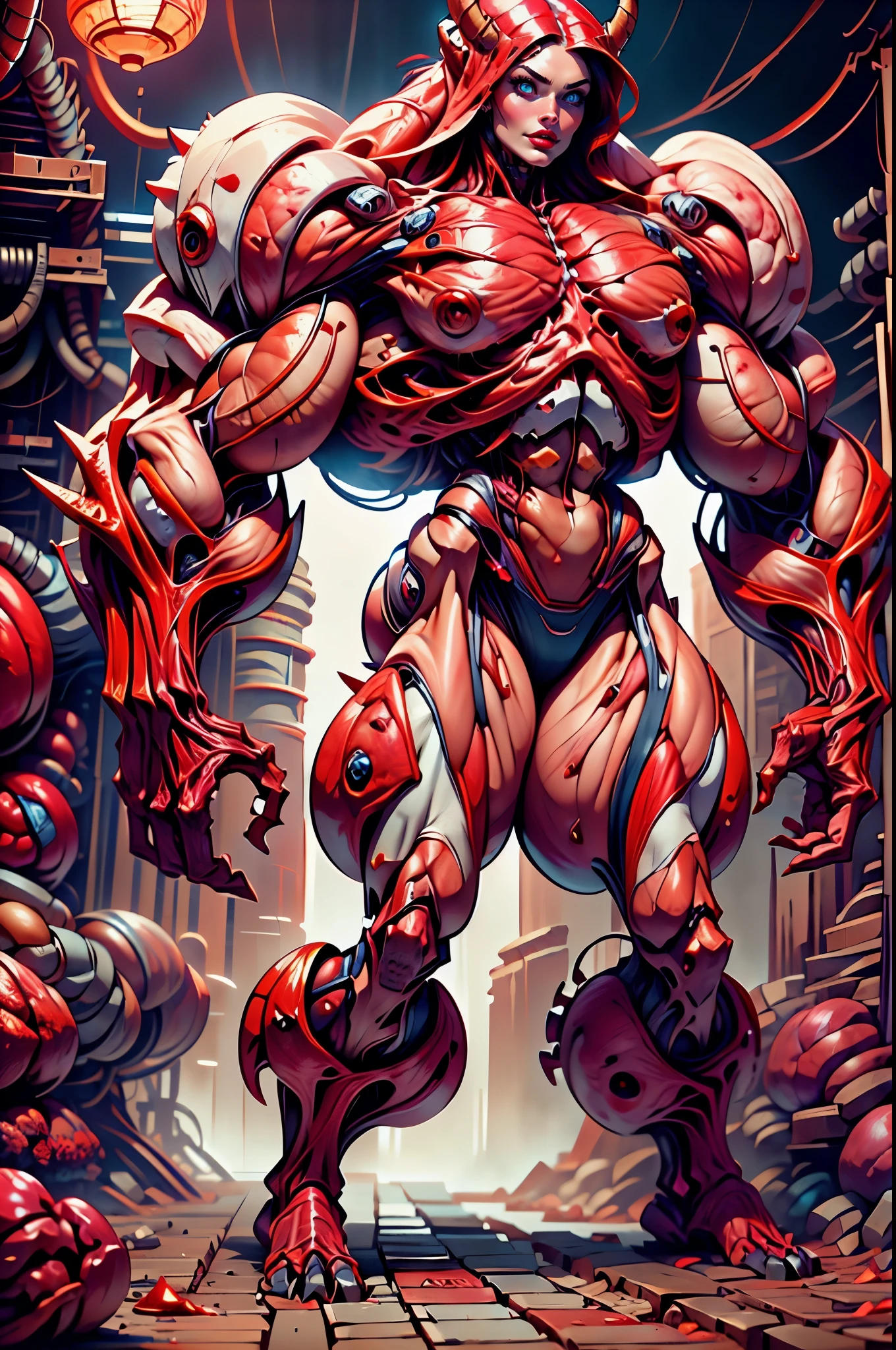 (1 girl), (megan fox:1.25), (beautiful girl face:1.25), (carnage skinless physique:1.25), (red glowing eyes:1.25), (uper muscular undead skinless succubus with gigantic horns:1.25), (covered in red necrotic rotting skinless muscle:1.25), (exposed muscular and skeletal anatomy:1.25), (perfect fingers:1.25),(8k, RAW photo, photorealistic:1.25), dark horrific scary atmosphere, hellish landscape, Hellraiser like atmosphere,
