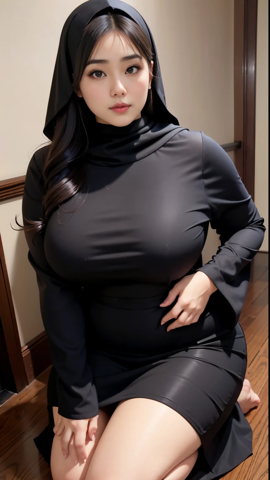 ((best quality)), ((masterpiece)), (detailed), perfect face arafed woman in a muslimah outfit standing in a room, better known as amouranth, amouranth, very sexy outfit, 31 year old female model, she has a jiggly fat round belly, taken with canon 5d mk4, young beautiful amouranth, full body photoshoot, thicc, succubus in tight short dress, hijab syariah, red sneakers, glasses, large breast, large thighs, 1 girl