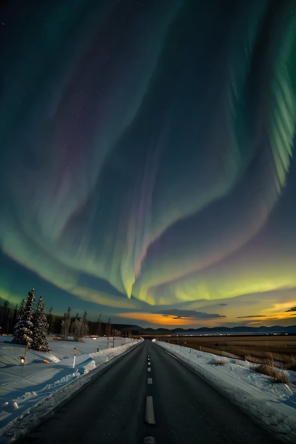 a road on a winter night with aurora lights