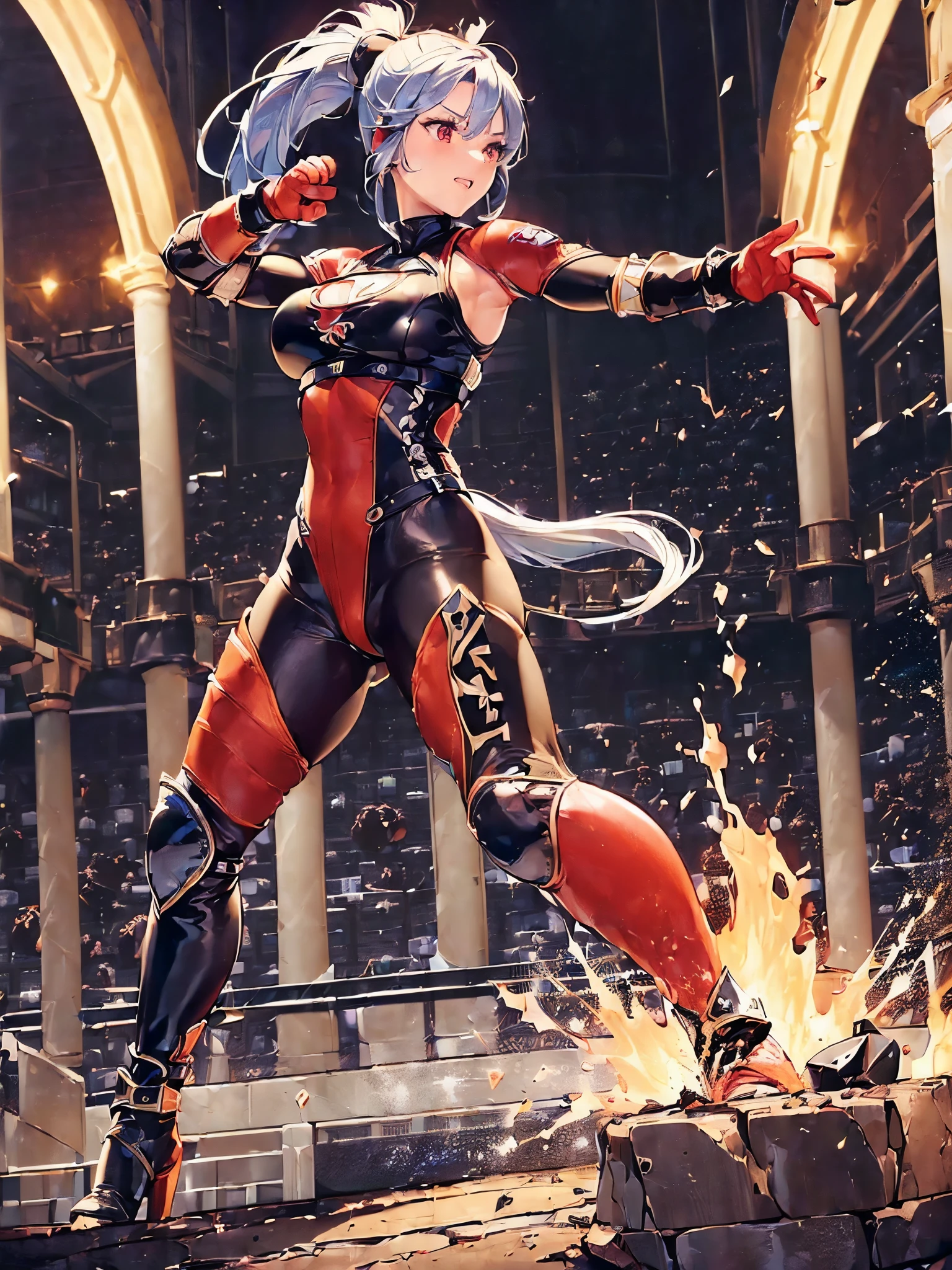 ultra-detailed, Explicit, Beautiful body, Beautiful Nose, Beautiful character design, perfect eyes, perfect face, ultra highres, 4K, beautiful legs, perfect legs, Nice hands, Perfect hand, Masterpiece, Best Quality, Highly detailed, illustration, absurdres, street fighter, doll suit, shadaloo doll, dollsuit, expressionless, blank eyes, looking at viewer, red gloves, emotionless, black latex, corrution, mind control, female combatant, full body, hypnotized, unhappy trance, full body suit, ribbed bodysuit, both arms at side, obey, perfect female body, extremely glossy latex, hypnosis, hypnoLora, empty eyes, Mind control device, poses, submissive_pose, Slave, hat, necktie, stand up straight, standing, standing at attention, hat, necktie, belt, latex, ribbed bodysuit, thighhighs, garter belt, Fighting Stance, extending the right arm from the shoulder into the air with a straightened hand, nazi saluting, military, military saluting, salute, thigh boots, 1girl, dark sakura, Fate Stay Night, white hair, long hair, hair ribbon, red ribbon, red eyes