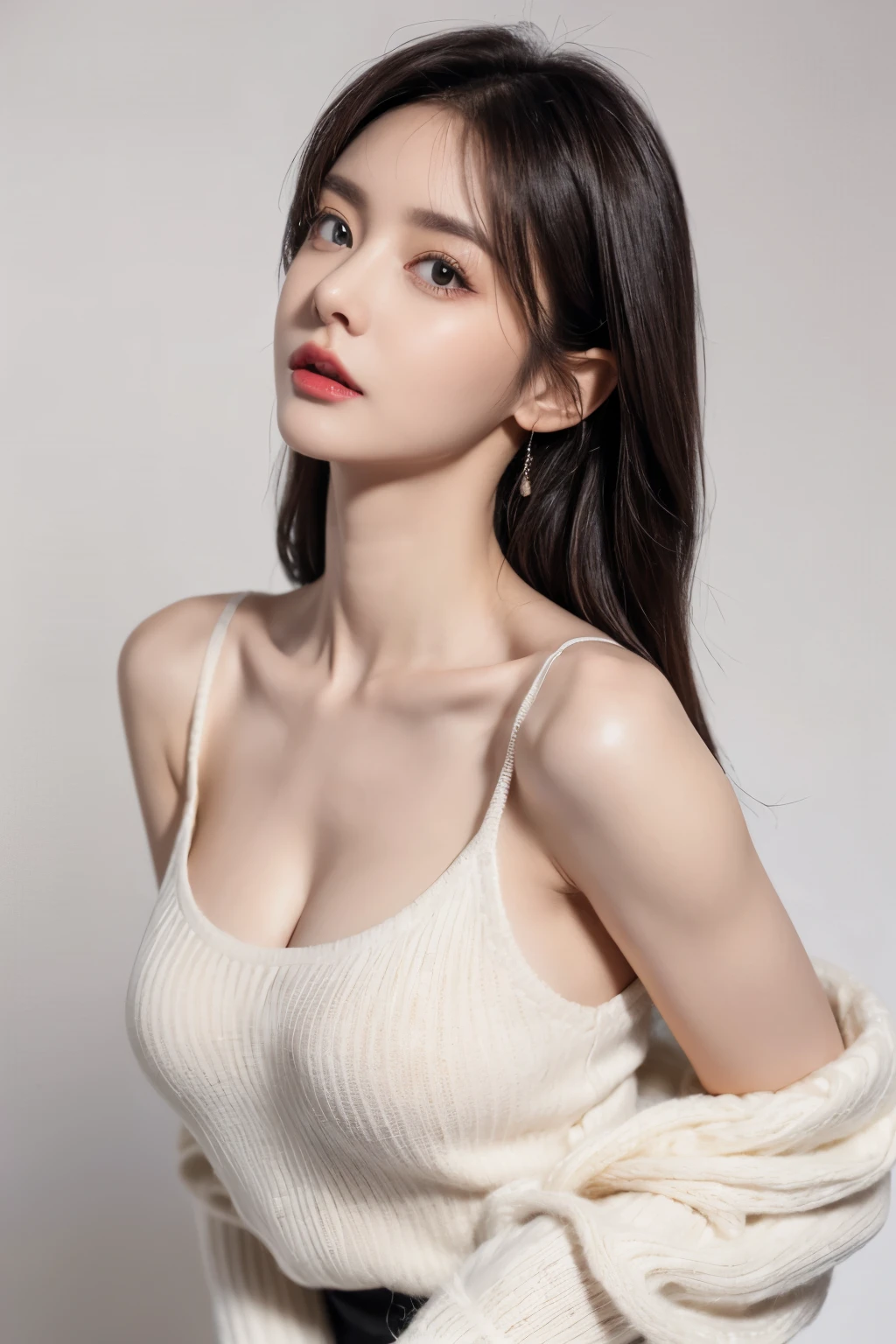 （lifelike,high resolution：1.3）， A slim girl， The face shape and eyes are super delicate,black hair,red glossy lips,(beautiful face), (best quality), (Super detailed), (Extremely detailed CG unified 8k wallpaper),((tight jumper)),(White background),(A little cleavage),(Model photo),sexy look,big eyes,(standing),(air bangs),(Slim waistline)，Eyes look at the audience,Teardrop-shaped breasts,soft breasts,very realistic breasts,The character is centered,Fold your hands to your chest