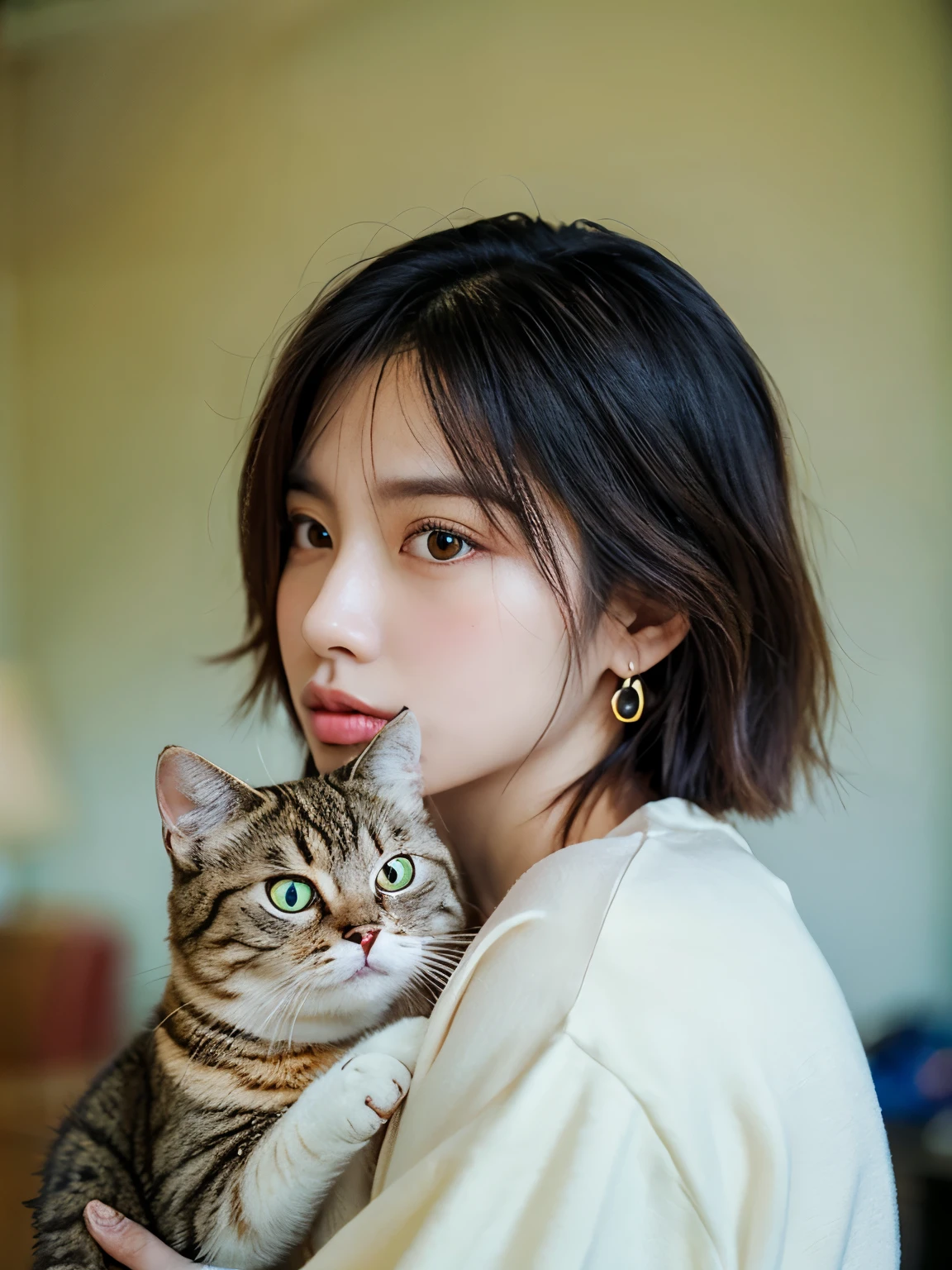 （woman holding a cat）、one large mixed-breed tabby cat、korean idol、20d, casual bob hair, rough clothes、wearing a large sweatshirt、Innocent look、beautiful face、perfect face、korean girl、cute face、beautiful face、（Drooping eyes）、Eyes a little farther away、thin lips、brown hair、casual bob hair、earrings、inside the room、whole body、detailed facial features、detailed eyes、atmospheric lighting、The background is a white wall、Kodak Portra 800 Film SMC Takumar 35mm F/ 2. 8 c 50、In 2018