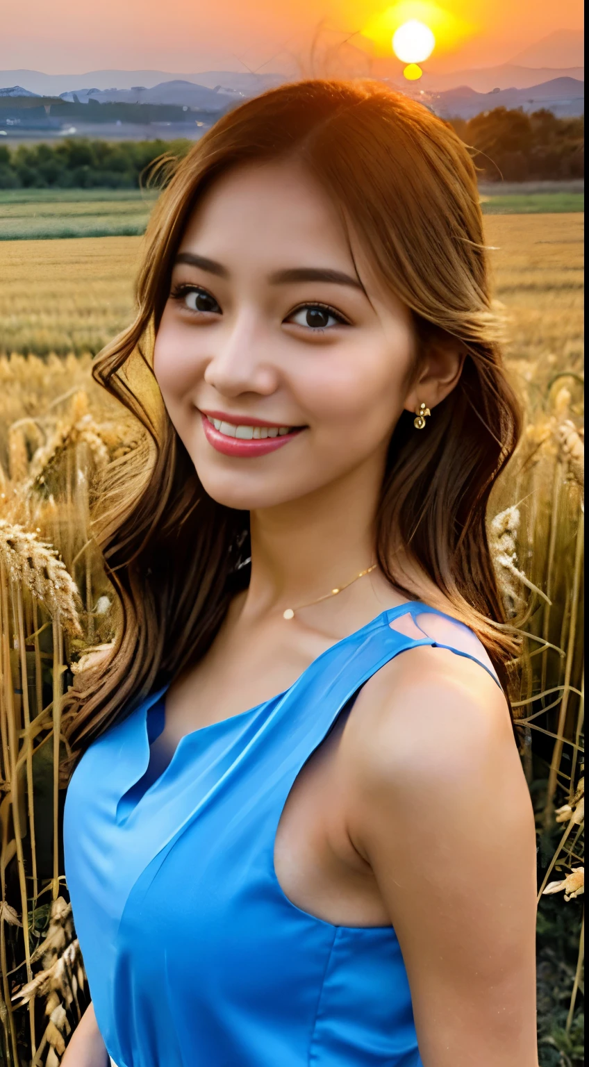 Wearing a long blue dress and bright makeup, she danced through a field of golden wheat. Close-up of her smiling face confident against the setting sun.latina girl, sleeveless casual dress, underwear, transparent, inside visible,nipples shown, hair gathered back --beauty