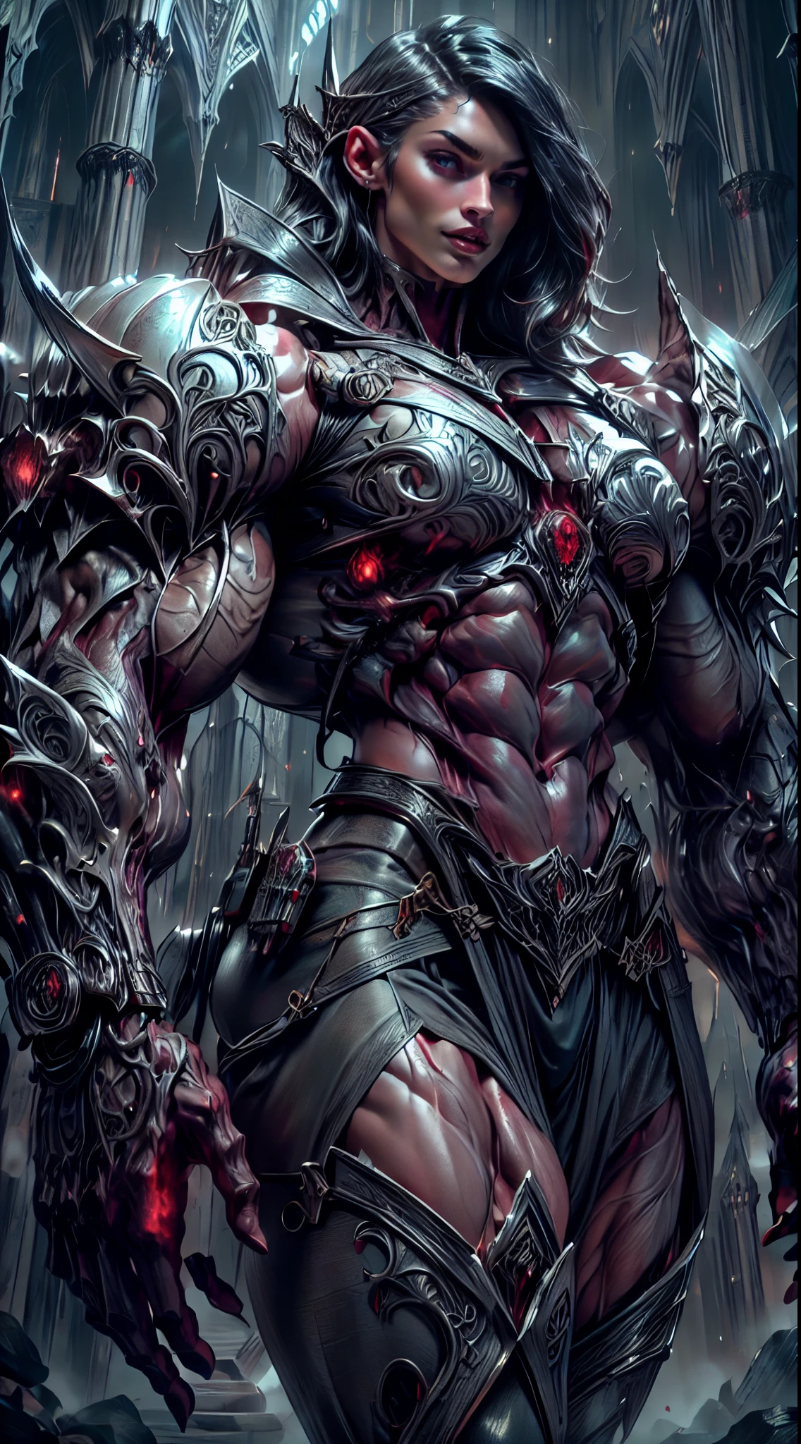 (1 girl), (megan fox:1.25), Beautiful vampire girl dressed in ornate medieval vampiric full body armor, (pure white skin:1.25), (perfect fingers:1.24), (extreme muscular definition:1.5), (vampiric body armor:1.25), (huge muscular arms:1.5,) (10-pack abs:1.4), (lots of veins:1.25), Ultra Realistic, Very detailed face and eyes, a true masterpiece, with an atmosphere of horror, gothica, blood, haunted cathedrals