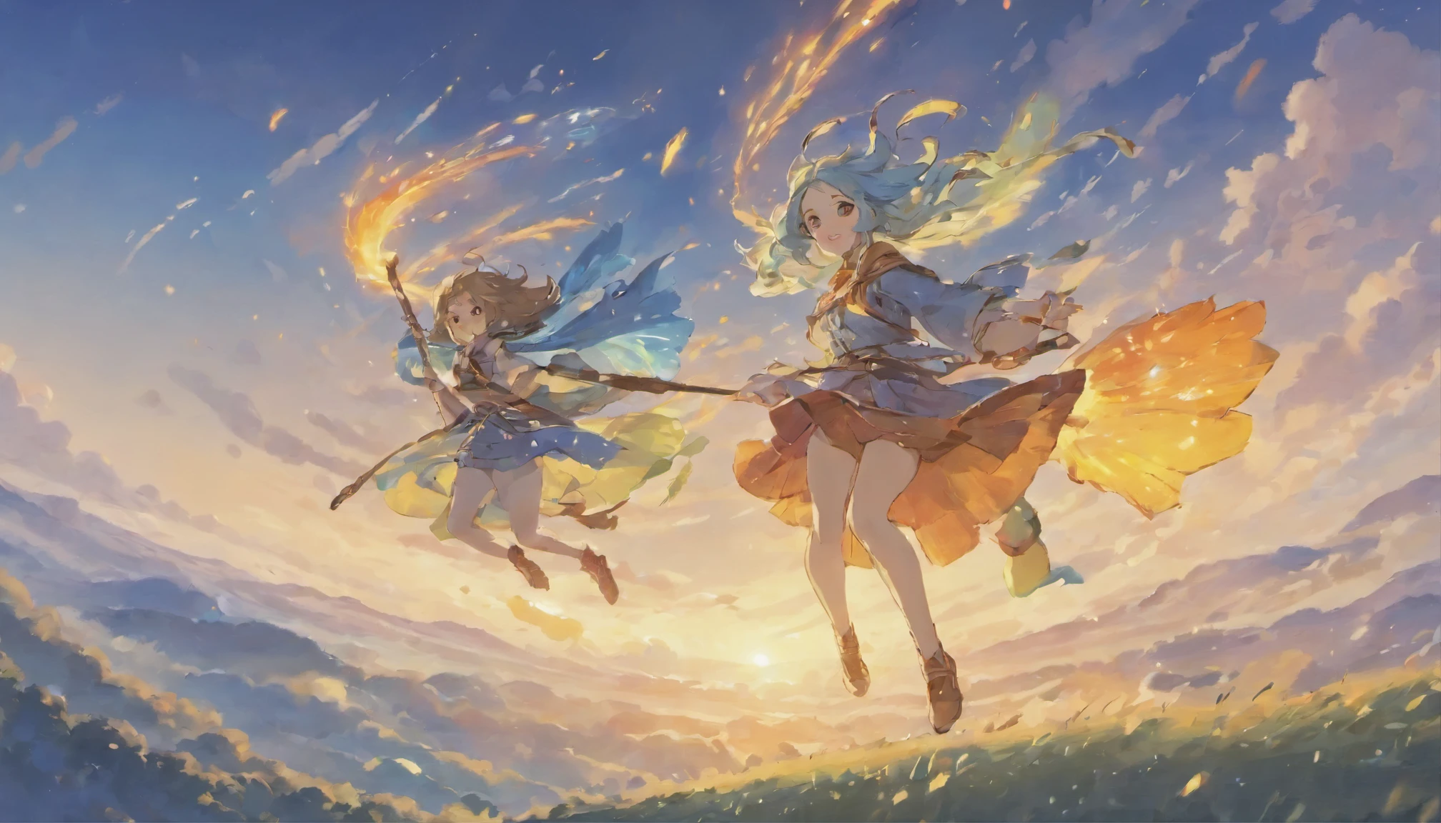 On a bright afternoon, several wizards are racing on flying brooms under the blue sky. They weave through the clouds, fiercely competing and chasing each other. The backdrop of the vast sky and distant mountains conveys a sense of freedom in flight.