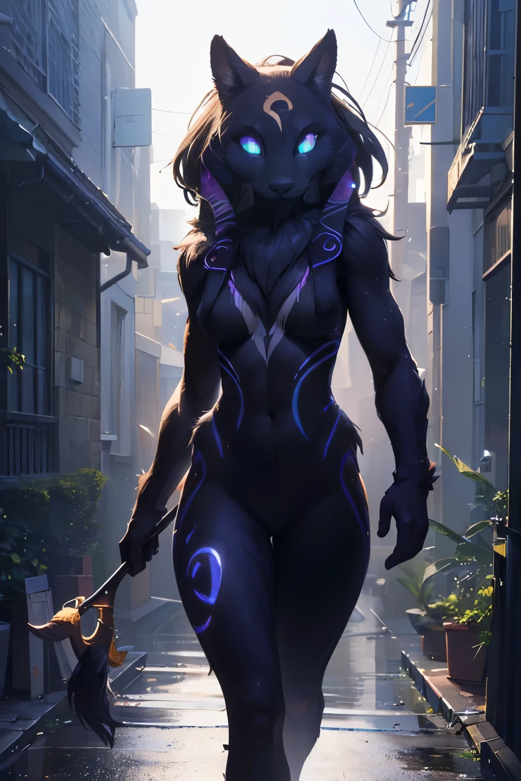 (best quality,highres,masterpiece:1.2),ultra-detailed,(realistic,photorealistic,photo-realistic:1.37),dark background,illuminating eyes,confident pose,smiling,Kindred walking towards you with a bow in right hand, furry,