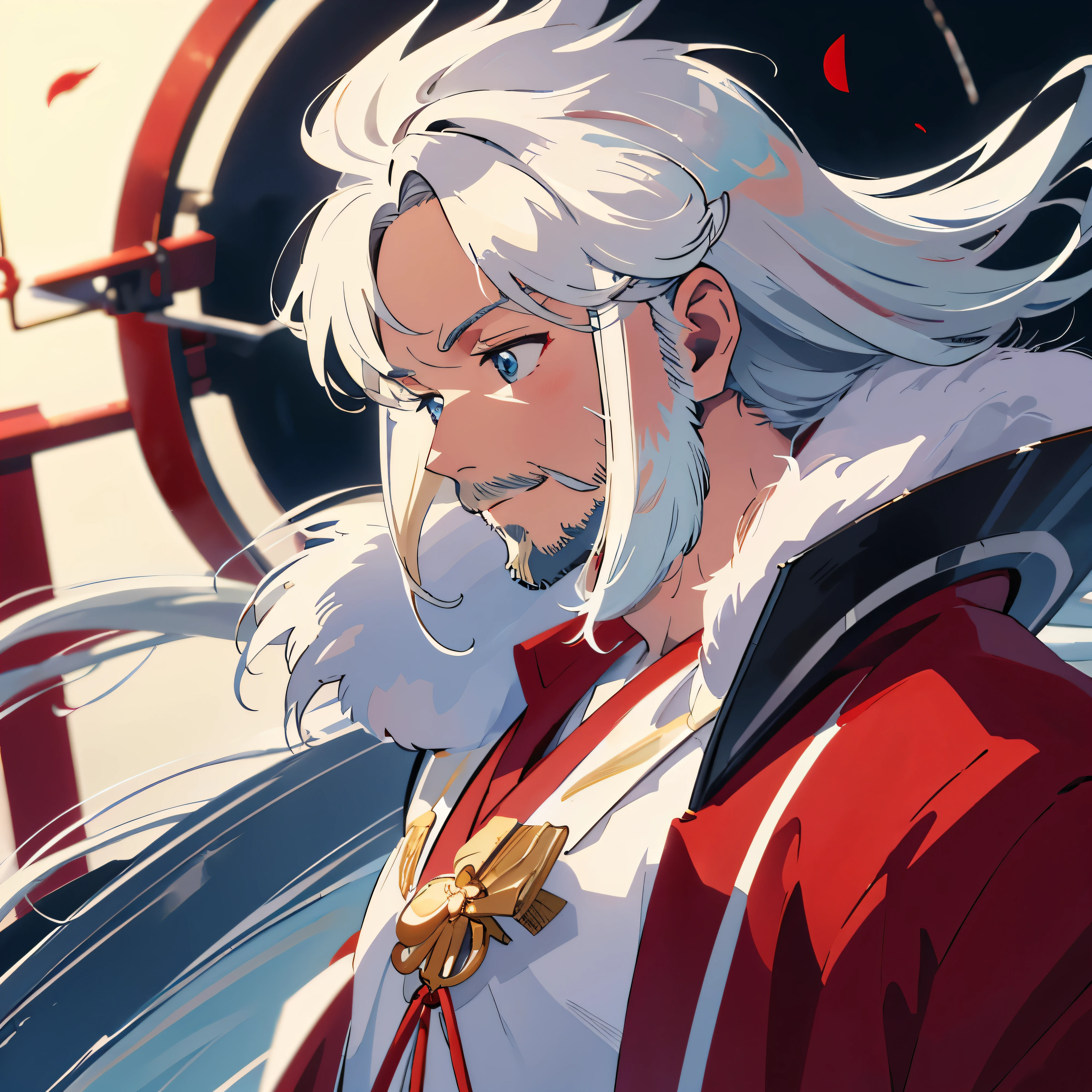 Close up of a man in a side view, with white hair and a white  beard like zeke yaeger and blue eyes, wearing white and red kimono, inuyasha
