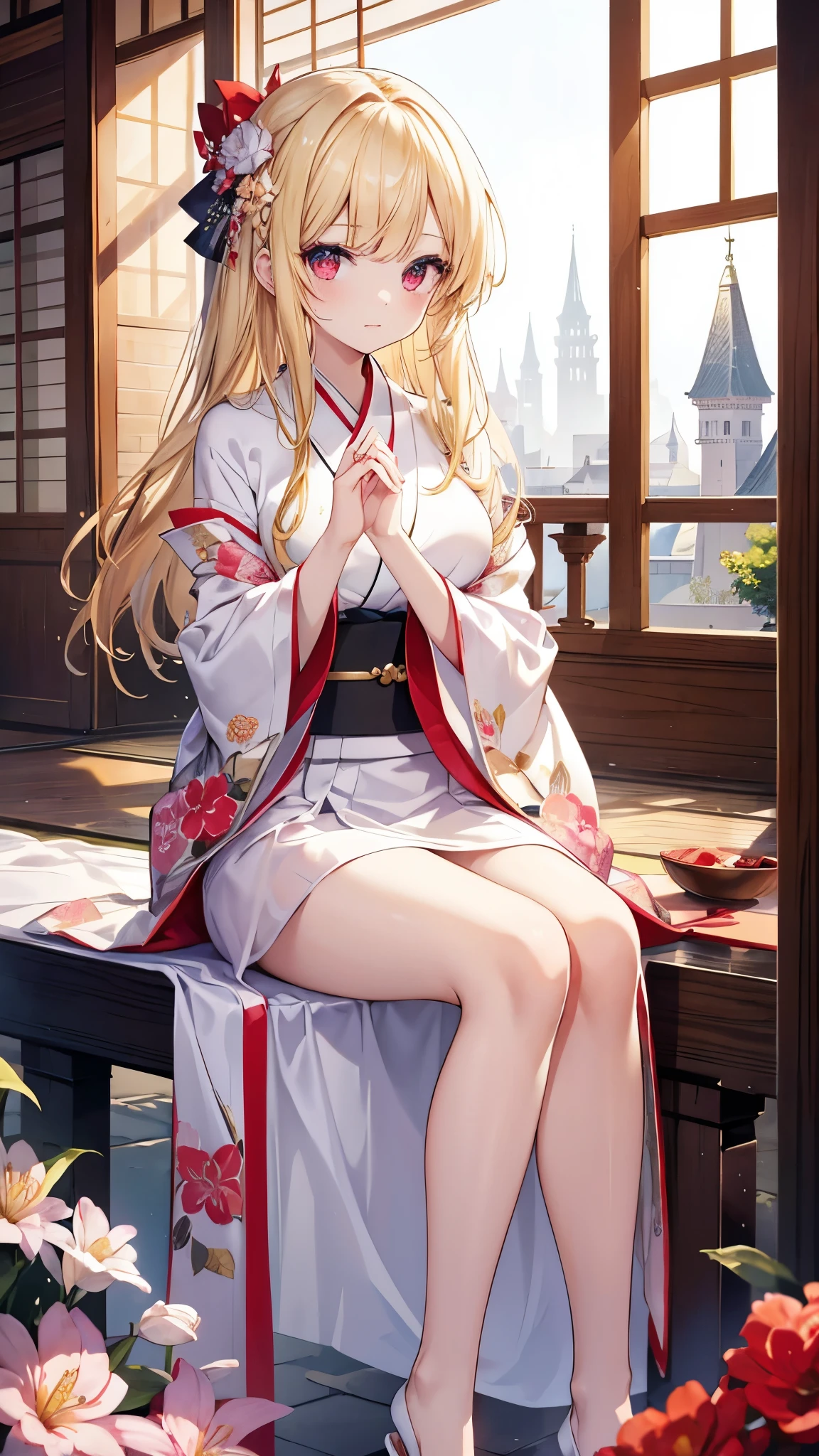 blonde、red eyes、beautiful girl alone、Sexy、princess cut、floral kimono、Western-style castle、meticulous feet、Beautifully aligned fingers
