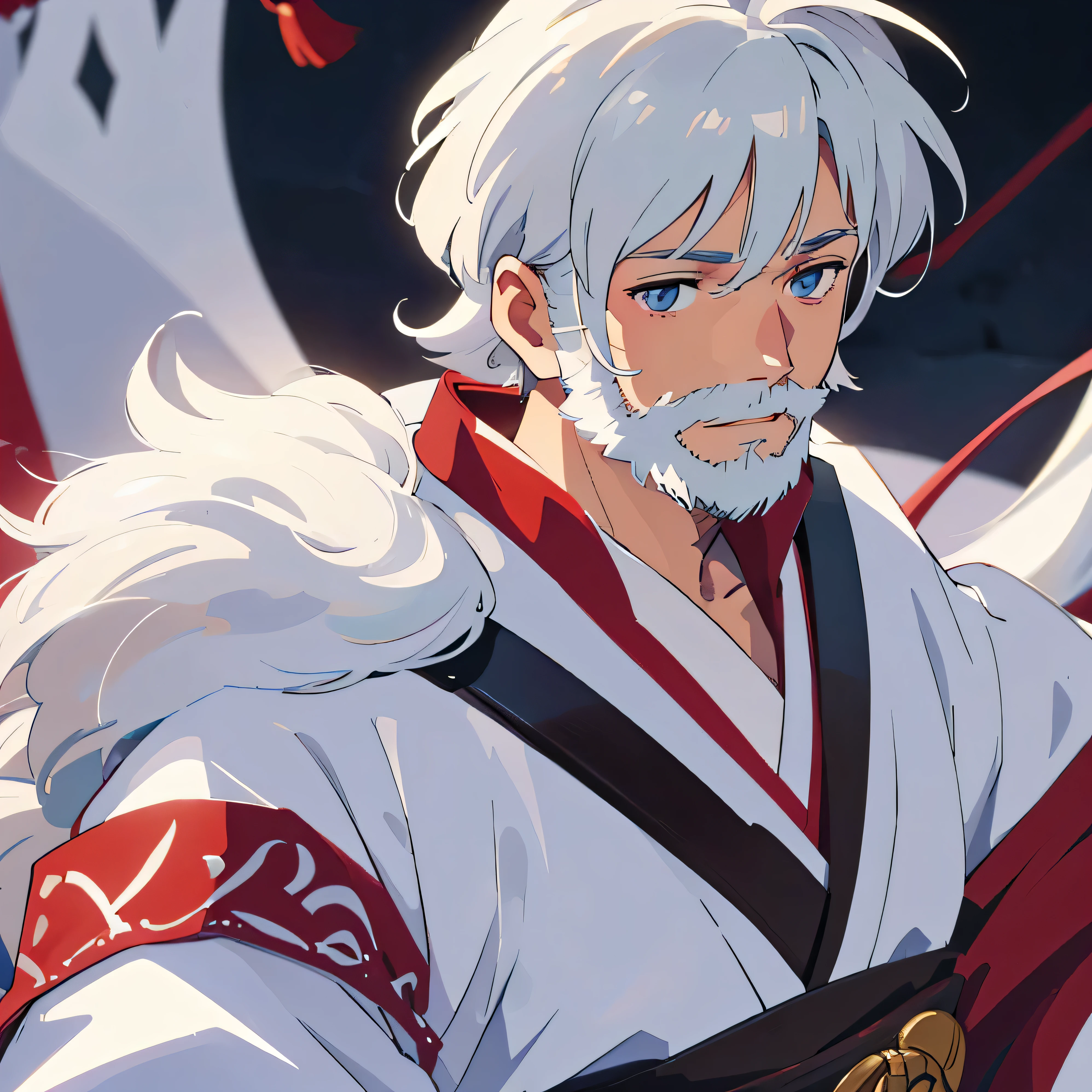 Close up of a man, with white hair and a whihte beard like zeke yeaker's and blue eyes, wearing white and red kimono, inuyasha