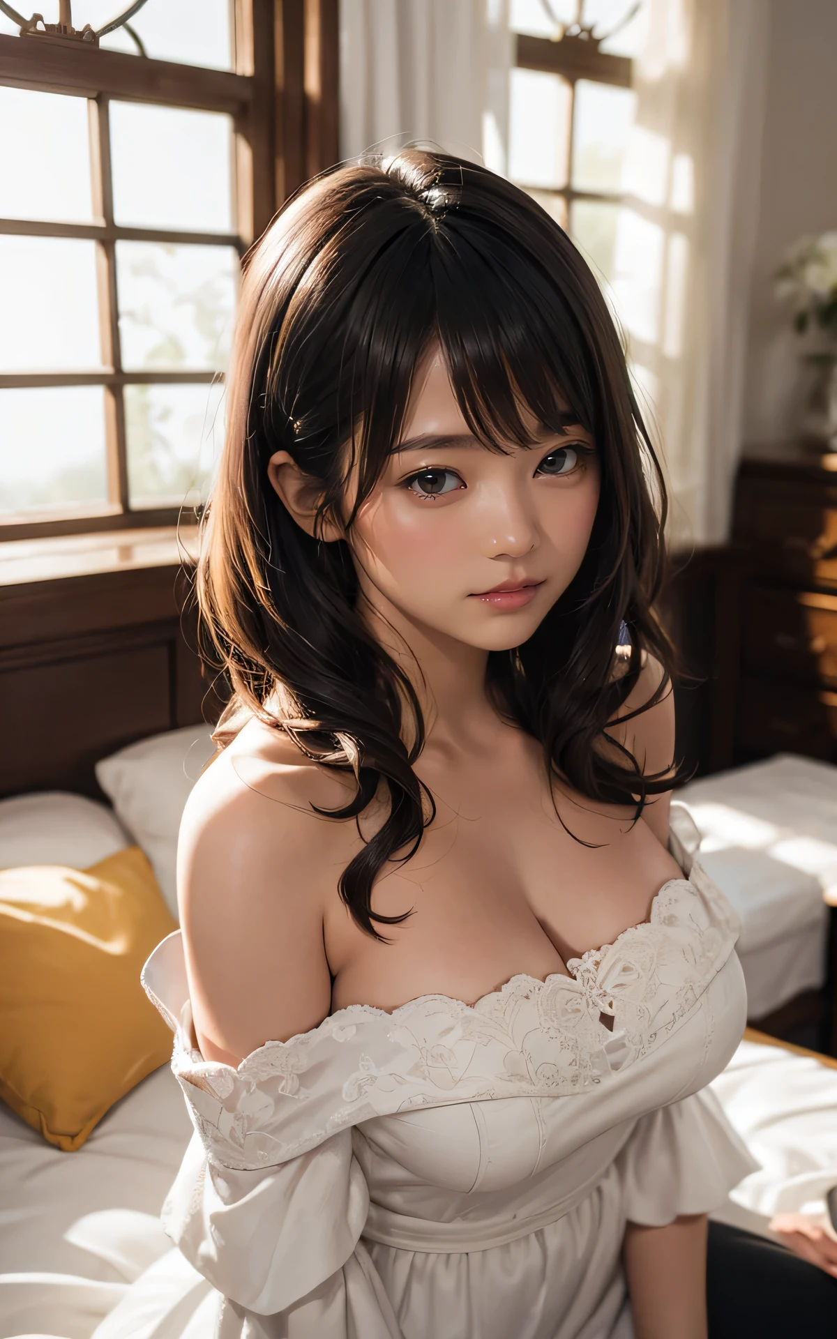 absurderes:2.0、(Blush、ringlets :1.3、blunt bangs, sitting)、japanese actress、solo, realistic, Unity 8K Wallpaper, Masterpiece, Realistic face, Realistic skin feeling ,detailed hair, highly detailed, realistic glistening skin, light makeup, (White off-the-shoulder Wedding Dresses:1.6、curvy、big breasts, black eyes)、(bed room,)
