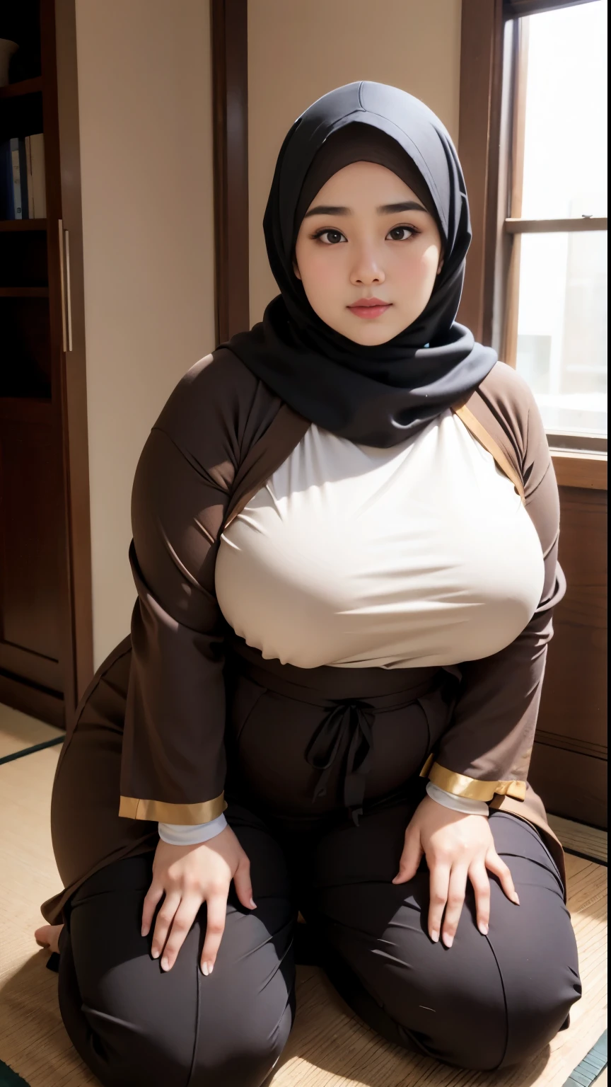 there is a woman kneeling down with a brown hijab, bbwchan, thicc, brown hijab outfit, brown hijab fashion model, korean girl, korean woman, wearing brown robe, full length shot, alluring plus sized model, japanese goddess, clothed in hooded, voluptuous and arousing, portrait shot, curvy model, voluptuous body, wonderful, nene tanaka body , bbwchan 