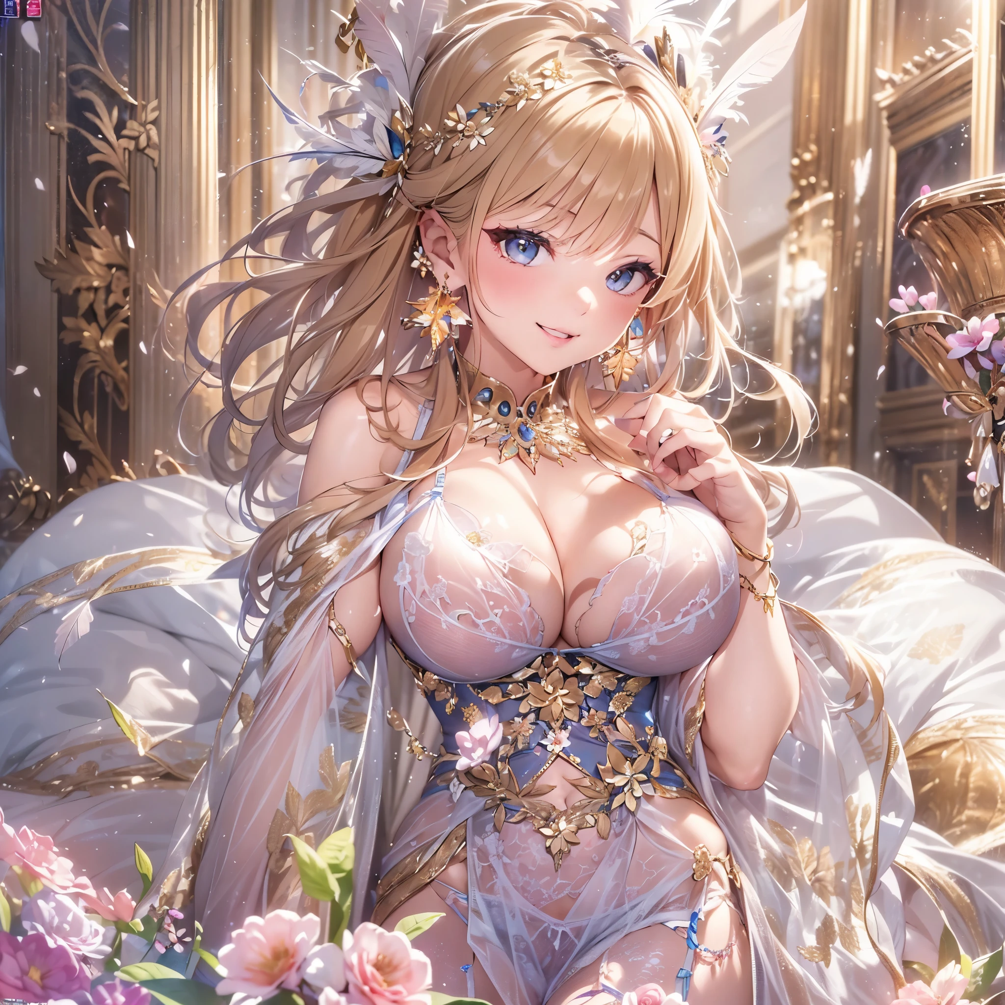 過去最高のmasterpiece、beautiful美しさ, 3D two-dimensional, rich, blonde, skirt, stockings, high heels, star、(Highly detailed CG Unity 8K wallpaper),(masterpiece), (最高quality), (超be familiar with), (best work),(best shadow), (sharp eyeliner, eye shadow, fine eye:1.1), (超High resolution,realistic,最高quality,realistic),(8K,RAW photo,最高quality,star),mature woman、sensual curves、huge breasts、thighs、bubble、お尻のmasterpiece, 最高quality, 超be familiar with, full body shot, mature woman, beautiful mature woman, nightgown and underwear, enchanting smile, thick lips, Chubby lips, blush, looking at the viewer, provocative expression, beautifulhair型, cleavage, Plump、curvy hips、attractive face、sexy lingerie、an inviting gaze、Expression of emotions、Lewd underwear、(((erotic see-through lingerie set)))、Standing position、gorgeous accessories 、big breastsの女性, bare shoulders, 金色のhair, colored feather, metal ornaments, colored flowers, particle, light, (masterpiece, 最高quality, 最高quality, official art, beautiful and aesthetic:1.2), (1 girl:1.5), 非常にbe familiar with,(fractal art:1.1),(colorful:1.1)、(flowers:1.3),most detailed,(zentangle:1.2), (dynamic pose), (abstract background:1.3), (shiny skin), (lots of colors :1.4), ,(earrings:1.4), (feather:1.4),masterpiece, 最高quality, 超be familiar with, 30~40 years, full body shot, beautiful 、さまざまなhair型，gold headband，plump breasts，beautiful，greek clothing，Tulle covers the breasts，perfectly proportioned, detailed clothing details,marble，god statue，cinematic lighting, film grain, 8K, masterpiece, 超be familiar with, high detail, 高quality, High resolution,(((NSFW:1.2)))、exposed chest、Openwork decoration，(((see through dress)))、(((解剖学的に正しいbody))) , 最高quality, 超be familiar with, (((Lewd underwear)))、raise your butt, from below, (((R-18)))、thighs, big breasts, Are standing, cowboy shot, blush, (((1 girl))), (masterpiece:1.3), (High resolution), (8K), (非常にbe familiar with), perfect face, Nice eye and face, (((最高quality))), (超be familiar with), detailed face and eye, (alone), beautifuleye,(((sexy pose)))、(((整ったbig breasts)))、((beautiful eye))、luxury、(((超High resolution)))、(((detailed description)))、(((ぽっちゃりbody型)))、(((解剖学的構造に一致したbodyの部位)))、beautiful長いまつ毛、バランスのとれたbody型,2 feet、Just the right size for your legs and arms、Fishnet tights、glamorous、(((Clear white and black eye)))、lipstick、Sparkling、(Undistorted face, eye, body)、jewelry、gem、(長くカールしたbeautifulまつ毛)、(((バランス良いbeautiful胸)))、(transparent, Exquisite skin:1.2)、(((完璧なglamorousボディー)))、actress face、Super beautiful、Cute smile、Healing beauty、Flower shower、完璧なeye、realistic depiction、Super sexy、glossy、Glamorous、double eyelids、Good dark makeup、makeup、ぼやけていないeye , expensive_quality, expensive_solve, masterpiece*I wore, whitespace, colorful, 1 girl, alone, white_hair, prism hair, [pink|green] eye, gradient eye, multicolored eye, shine eye, shine, Sparkling, shine white particles, Alone、one shot、adorable、Plump、Glossy and exquisite skin、はっきりしたeye鼻立ち、realistic eyes、whiteい肌, real human skin, (be familiar with), oval face, pore, (8K, Raw photo, realistic: 1.4), one girl, (Gentle and Goddess-like Eyes) happiness: 1.2), (lip gloss, eyelash, gross face, 最高quality, 超High resolution, wide lighting, natural shading)、ぼやけていないeye、(((Plump face)))、cute face 、(((つやつやのshine肌)))、eyeの補正