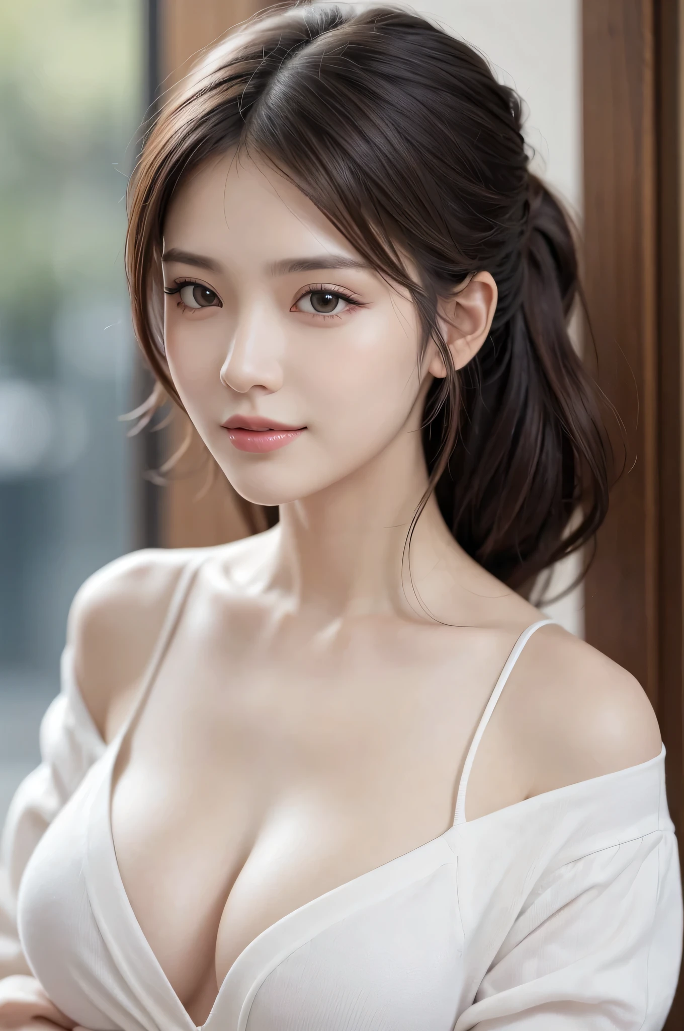 1woman, Updo hairstyle, (Ultra realistic, high res), (highly detailed eyes, highly detailed hair, highly detailed face, highly detailed plump lips), (off shoulder with open breasts), breasts, upper body, caute smile, (best quality:1.4), Raw photo, (realistic, photo-realistic:1.37), professional photography, cinematic light, (fine face: 1.2),