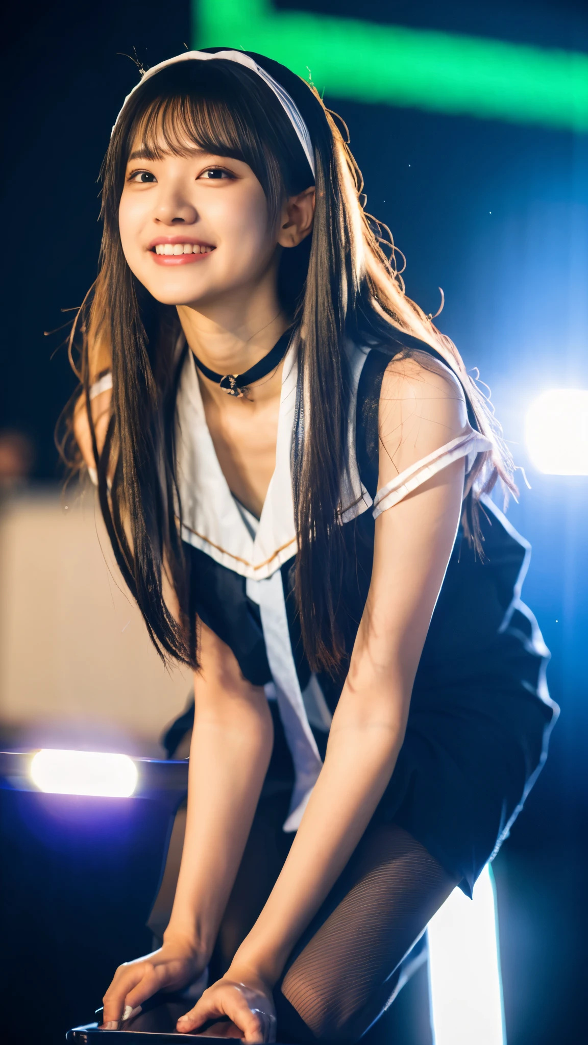 (Raw photo、highest quality、masterpiece、Photoreal:1.3)、(super detailed、high_resolution、professional lighting、Lens flare:1.5)、1 girl、(idol costume:1.7)、on stage、idol face、beautiful girl、whole body、Ten generations、shy smile、happy face、楽しさをwhole bodyで表現する、spreading hands、Classmate、(Jump high、warping the body:1.5)、masterpiece、Holding a microphone in your hand、ribbon choker、soft hair、hair ornaments、The edges of the hair shine、realistic bare skin、soft light、face light、dramatic、whole bodyを写す、dynamic angle、neon light stage、highly detailed skin、highly detailed eyes、highly detailed hair、Idol Photos、Prize-winning works、