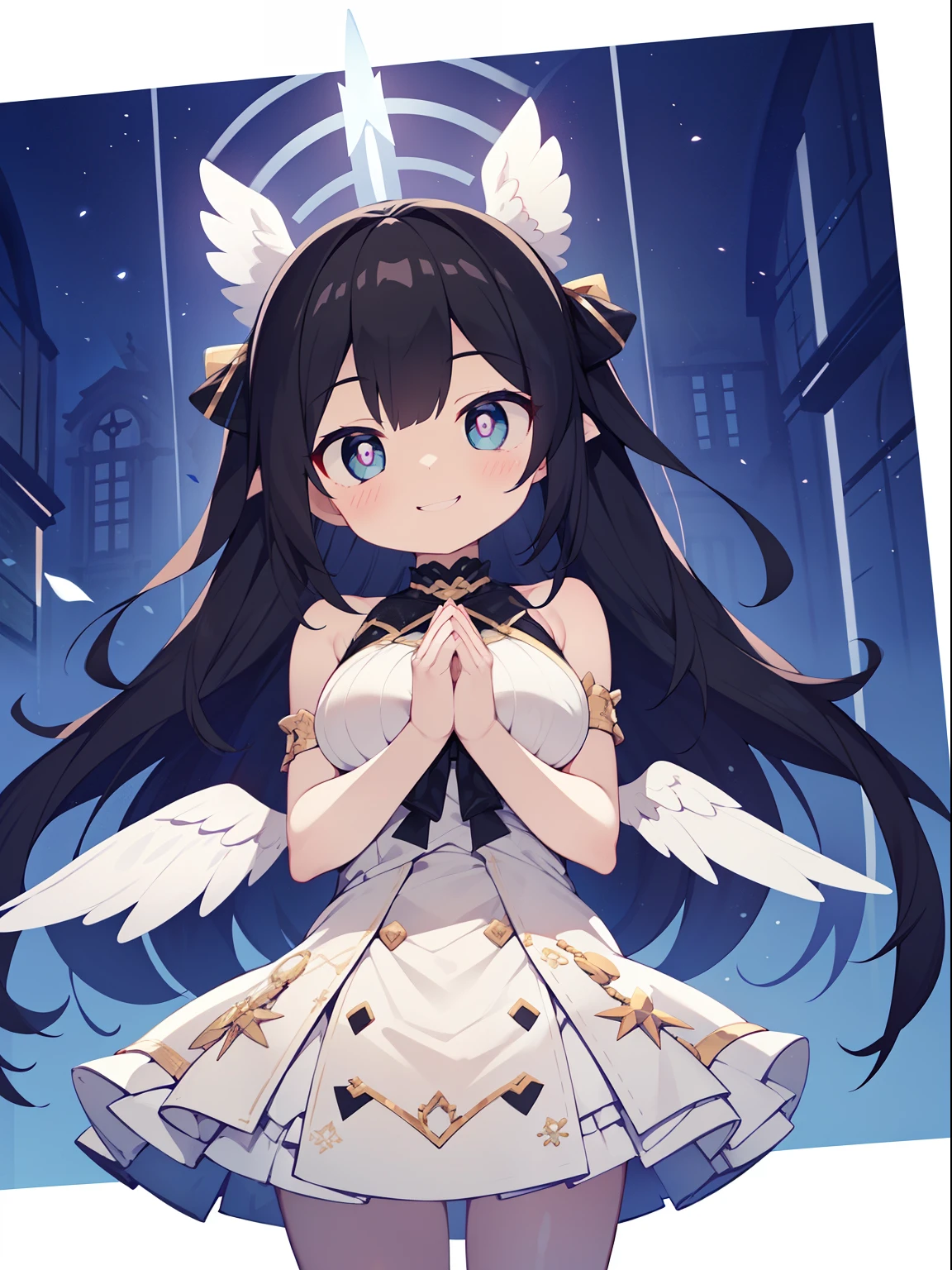 (angel girl:1.2), (1 person:1.2),(10 year old girl)、young girl、big breasts、 nffsw、shader、highly detailed eyes、big breasts、Loose and fluffy long hair、side boob、Glossy cleavage、black hair、angel wings、silky hair、Angel attire(White thin fabric、Plain color、mini skirt、Plain colorのシルク手袋)、super complex pupil of the eye、highest quality、bright colors、Bust 100、rests、Standing picture of the game、Stirring composition、Composition looking up from below、Lift your with your hands、Pose that emphasizes the chest、fold your arms、grinning expression、eyes half closed、open your mouth、stinky eyes、evil face、Bullish smile、fold your hands behind your back、Hide your hands、evil smile、whole body、美新New、god々New