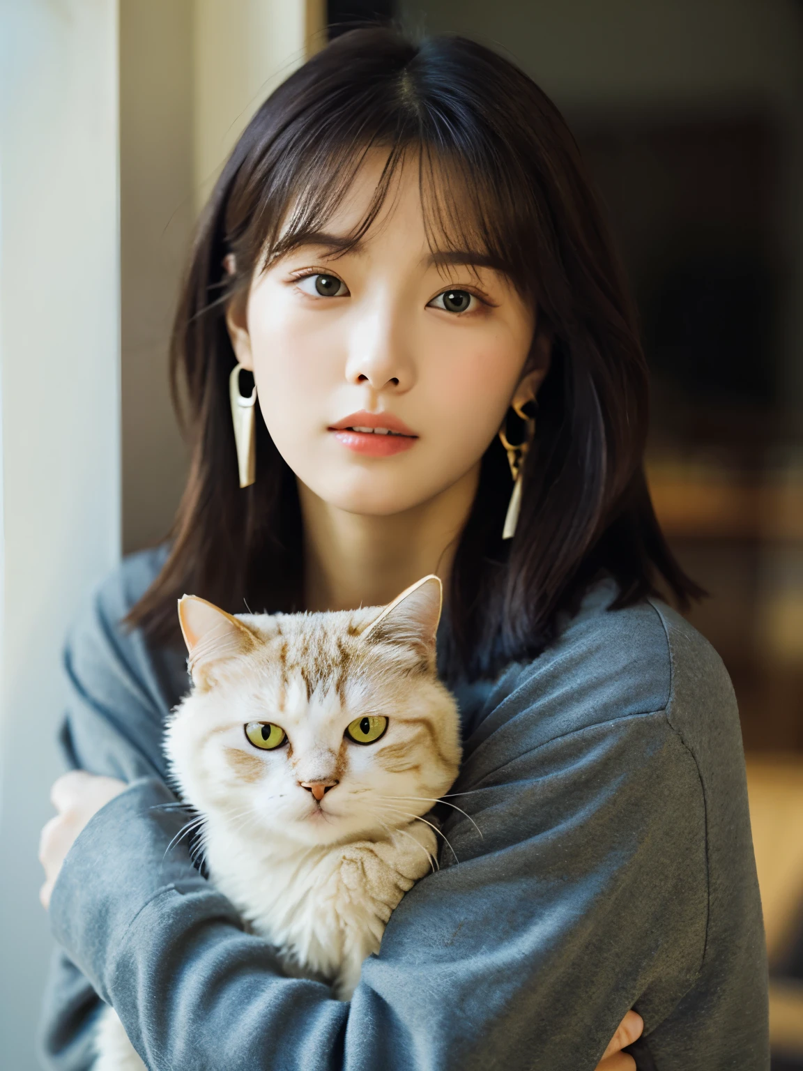 (woman holding a cat)、one large mixed-breed tabby cat、korean idol、20d, casual bob hair, rough clothes、wearing a large sweatshirt、Innocent look、beautiful face、perfect face、korean girl、cute face、beautiful face、(Drooping eyes)、Eyes a little farther away、thin lips、brown hair、casual bob hair、earrings、inside the room、whole body、detailed facial features、detailed eyes、atmospheric lighting、The background is a white wall、Kodak Portra 800 Film SMC Takumar 35mm F/ 2. 8 c 50、In 2018