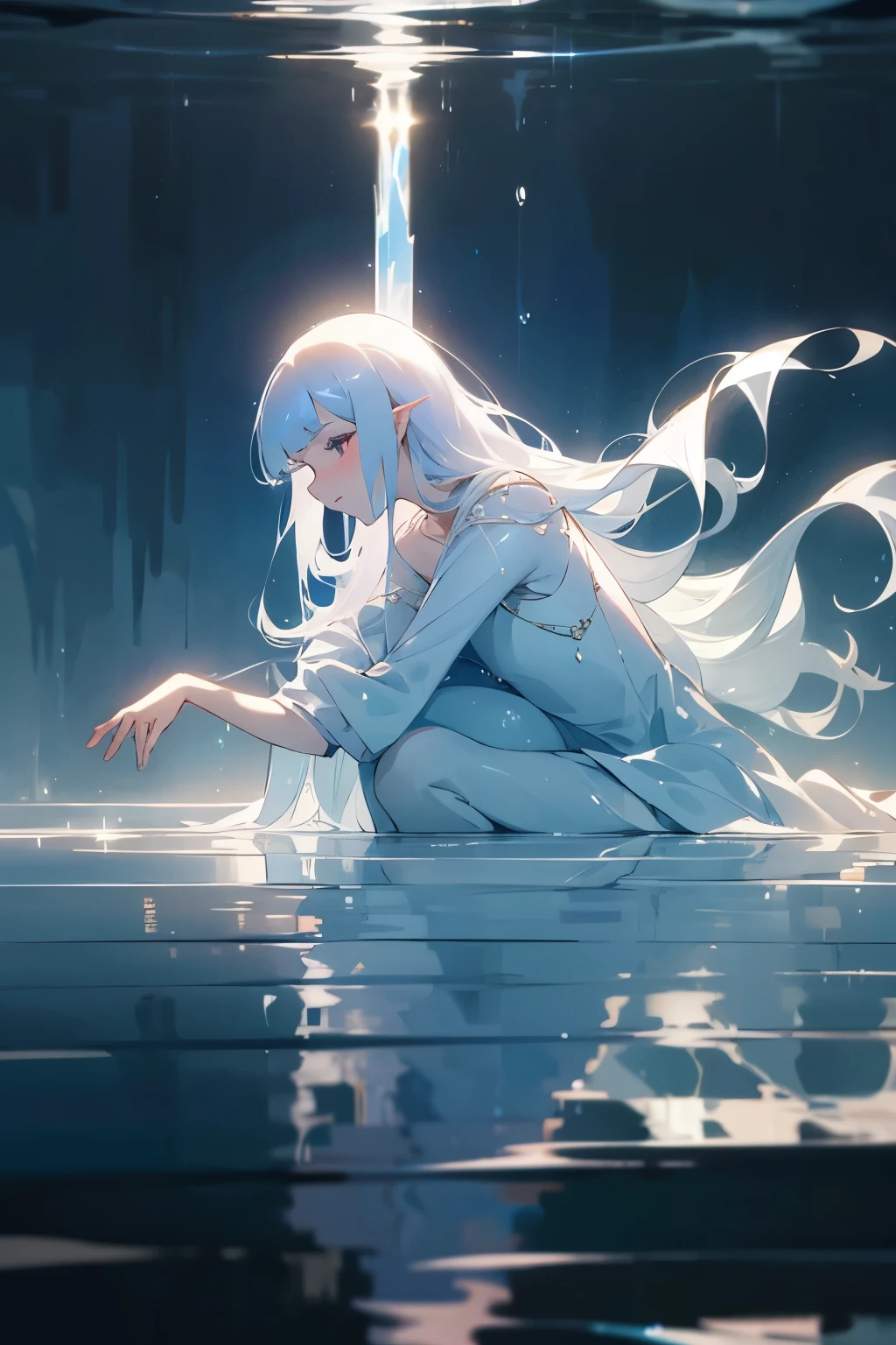 Girl in a white dress dancing on the water at night
(adjective:pale, dark),(beautiful,Brilliant) fine eyes, (beautiful,full,attractive) detailed lips, extremely fine eyes and face, long eyelashes, flowing silky hair, calm look, elegant movements, ethereal atmosphere, water reflection, moonlit backdrop, 静かなenvironment, Magic ambiance, soft moonlight, (dream-like,enchantment) environment, Phantom-like appearance, elegant dress, ballet-like pose, mysterious aura, (subtle,kind) water ripples, (ethereal,soft) shine, tranquilityとtranquility, mysterious allure, (elegant,wavy) movements, enchanting beauty, (in water,comfort) dance, Reflective surface, Shining moonlight, tranquility, surreal scene, seductive charm, otherworldly, 平和なatmosphere, elegant transitions, ethereal shine, moonlit ballet, Seductive reflections, (calm,Magic) atmosphere, (Unforgettable, ethereal) moment.