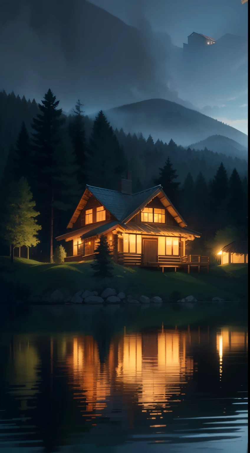 village, wooden log house, fence wall, Surrounded by water, surrounding dark dense forest. Dark wood.
