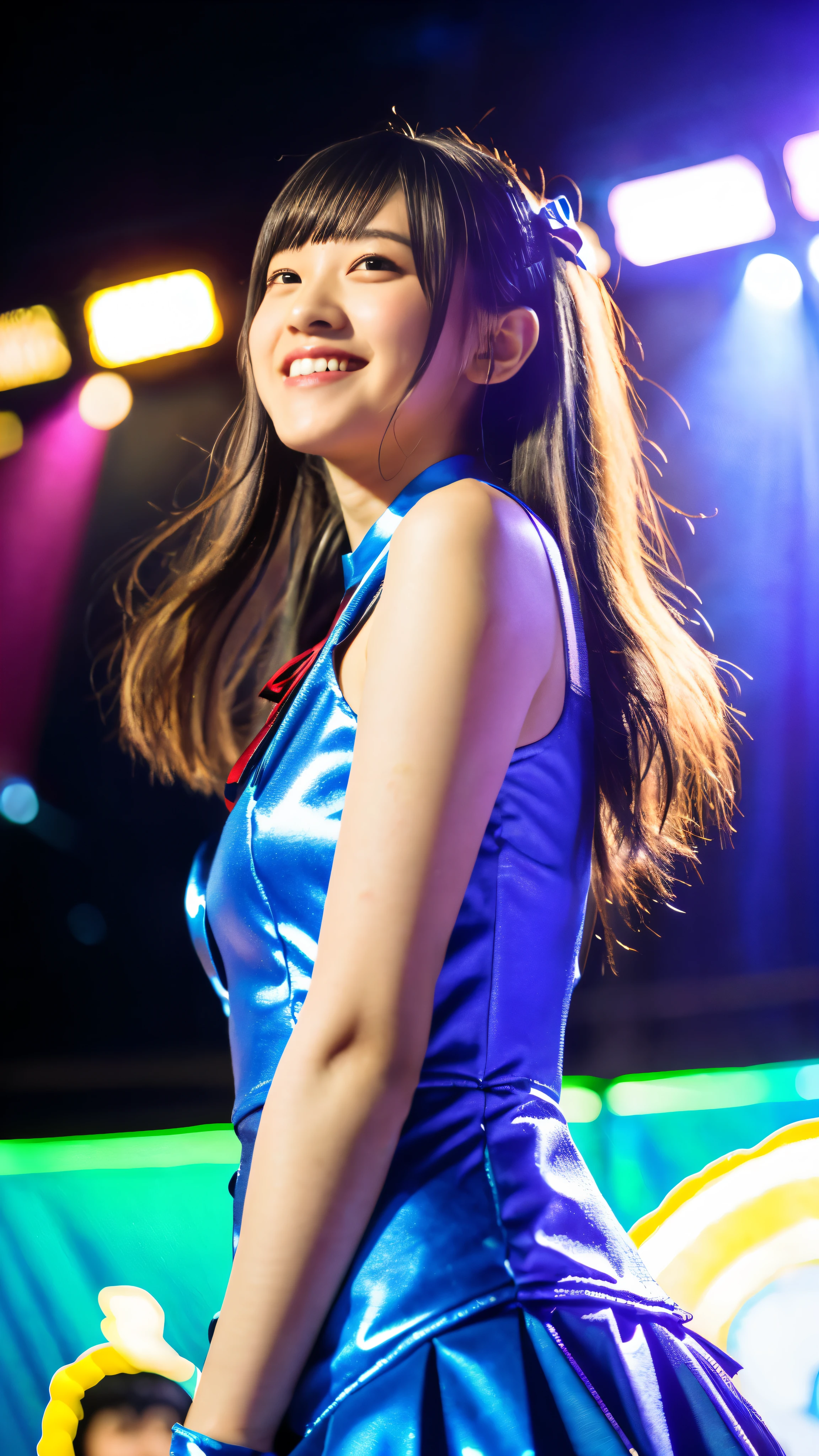 (RAW photo、expensiveest quality、masterpiece、Photoreal:1.3)、(Super detailed、expensive_solve、professional lighting、Lens flare:1.5)、1 girl、(idol costume:1.7)、on stage、idol face、beautiful girl、whole body、Ten generations、はにかんだsmile、smile、楽しさをwhole bodyで表現する、outstretched hands、classmate、(Jump expensive、Warping the body:1.5)、masterpiece、Holding a microphone in your hand、ribbon choker、soft hair、hair ornaments、the ends of the hair shine、realistic bare skin、soft light、face light、dramatic、whole bodyを写す、dynamic angle、neon light stage、expensively detailed skin、expensively detailed eyes、expensively detailed hair、Idol Photos、Award-winning work、
