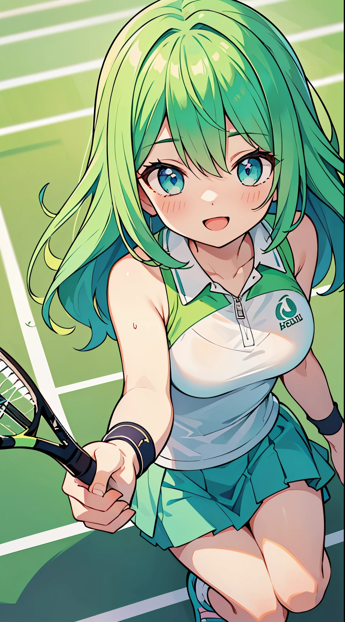 ((A Pretty girl with green hair and blue eyes)), ((wearing tennis wear)), with a tennis racket, Baby face, ((master piece, top-quality, ultra-definition, high resolution)), anime girl, ((ultra-detailed illust:1.2)), only one person, bangs, hair between eye, beautiful hair, Shiny eyes, Medium breasts, Big smile, opened mouth, on the tennis court