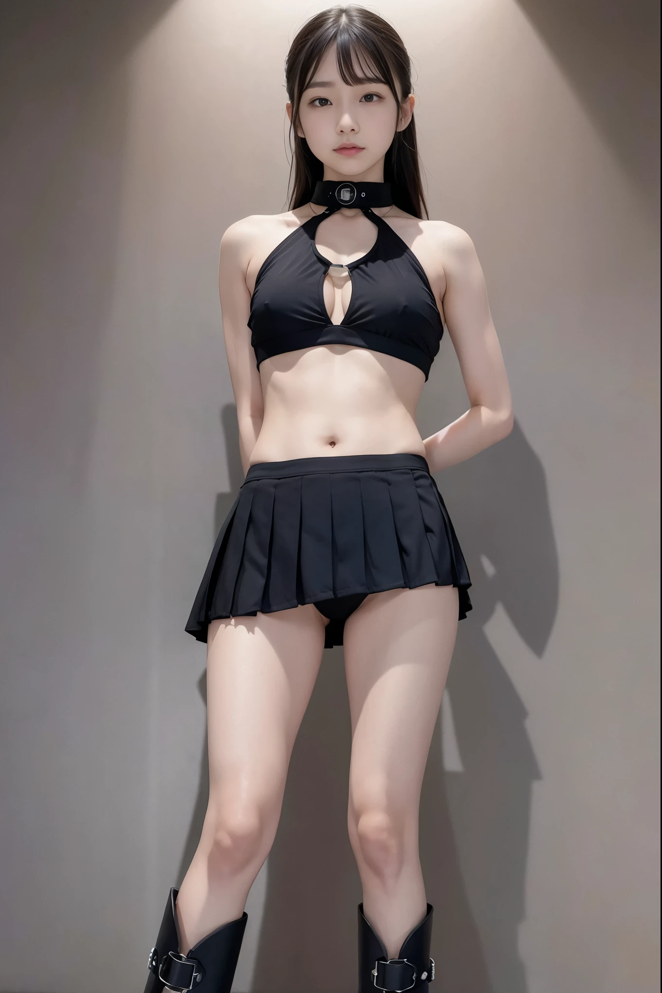 (8x_NMKD-Superscale_150000_G),(8K, Super high quality,highest quality),(masterpiece:1.5),(Head to knee photo Standing),(Hands behind back),(iron collar:1.5),(Multiple girls),(18 years old),(Black bikini Pleated micro mini skirt),A girl brainwashed by a dictatorial state wears a collar, black bikini and pleated micro miniskirt and swears allegiance.,Alignment