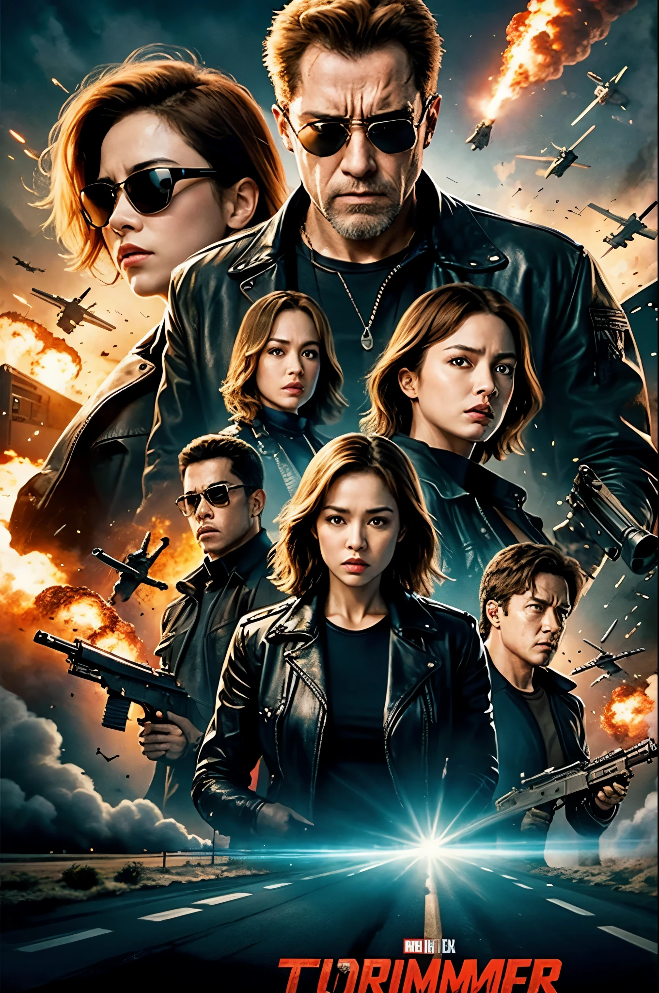 terminator movie poster, explosions, guns, cars, Planes
