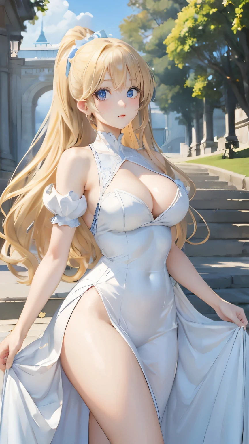 (masterpiece:1.2), (highest quality:1.2),, Curvy but slender body, perfect eyes, perfect face, perfect lighting, 1 girl, inside the royal palace,taking a walk,gorgeous white dress, long hair, curly hair, ponytail,sculpture installation,Fine clothes, Detailed outdoor background, compensate, eye shadow, thick eyelashes, fantasy, looking at the viewer, whole body,alice in wonderland、blue sky、Bright and very beautiful face、young shiny glossy white shiny skin、the best beauty、The most beautiful bright blonde hair in the world、thin hair、super long straight hair、Shining beautiful bangs、Glowing crystal clear big blue eyes、Very beautiful lovely 17 year old most beautiful girl in the world、ample breasts