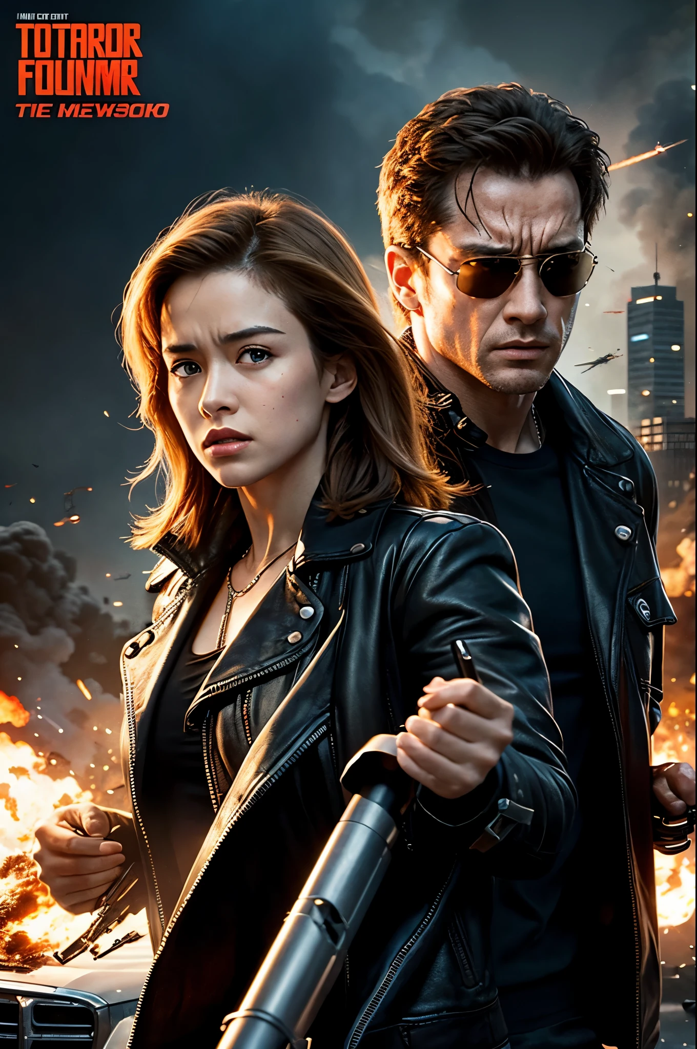 terminator movie poster, explosions, guns, cars, Planes