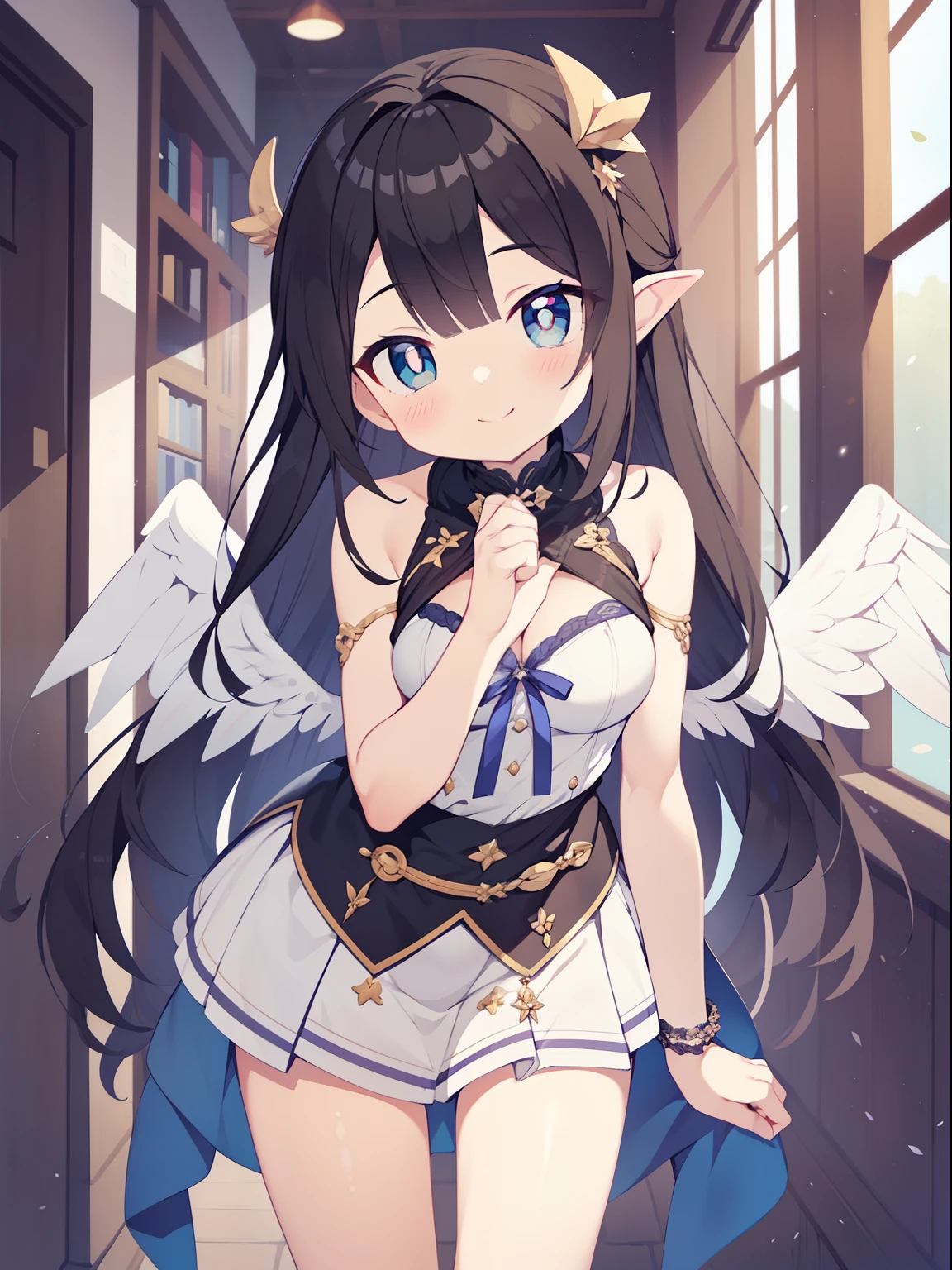 (angel girl:1.2), (1 person:1.2),(10 year old girl)、young girl、big breasts、 nffsw、shader、highly detailed eyes、big breasts、Loose and fluffy long hair、side boob、Glossy cleavage、black hair、angel wings、silky hair、Angel attire(White thin fabric、Plain color、mini skirt、Plain colorのシルク手袋)、super complex pupil of the eye、highest quality、bright colors、Bust 100、rests、Standing picture of the game、Stirring composition、Composition looking up from below、Lift your with your hands、Pose that emphasizes the chest、fold your arms、grinning expression、eyes half closed、open your mouth、stinky eyes、evil face、Bullish smile、fold your hands behind your back、Hide your hands、evil smile、whole body、美新New、god々New