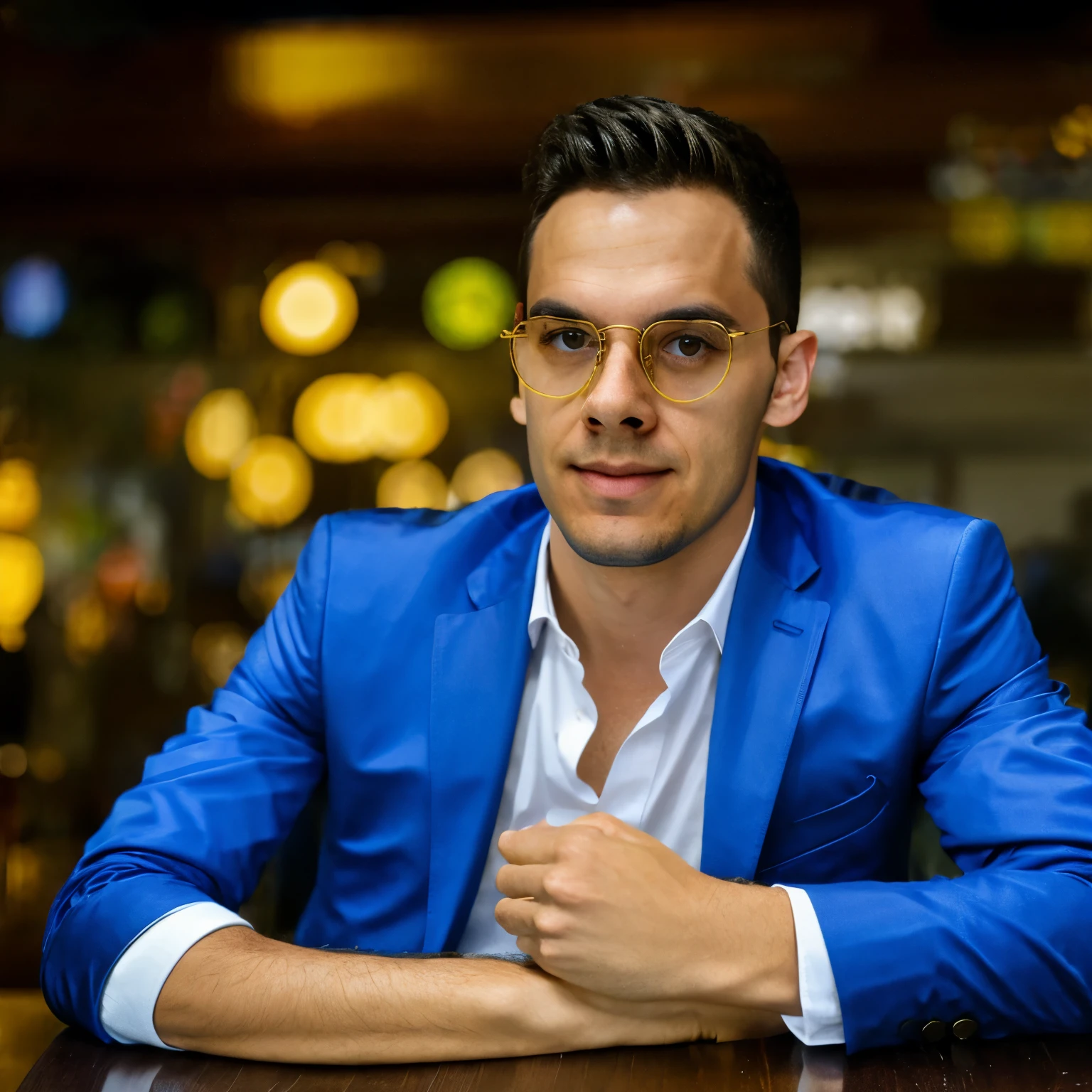 (Masterpiece, Best Quality: 1.2), 1 boy, RAW photo, a close up portrait photo, wearing a suit in a nightclub leaning against the bar ,glasses, muscular body, huge biceps, (high detailed skin:1.2), 8k uhd, dslr, soft lighting, high quality, film grain, Fujifilm XT3