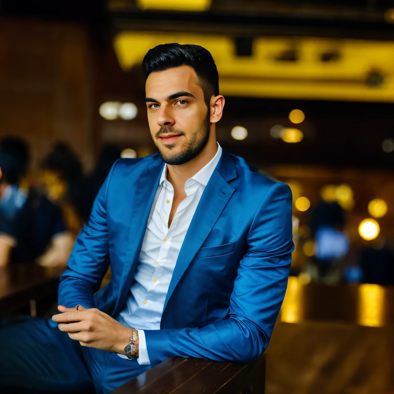 A man in a blue suit sitting on a wooden bench - SeaArt AI