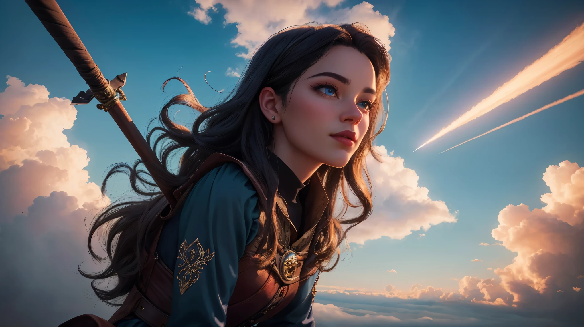 Witch side-sitting on a magical broom flying, majestic ascent, beautiful detailed eyes, beautiful detailed lips, extremely detailed eyes and face, long eyelashes, (best quality,4k,8k,highres,masterpiece:1.2), ultra-detailed, (realistic,photorealistic,photo-realistic:1.37), enchanting skyward journey, magical broomstick ride, whimsical side posture, mystical aerial display, wonderful cloud-filled sky, thrilling ride amongst clouds.