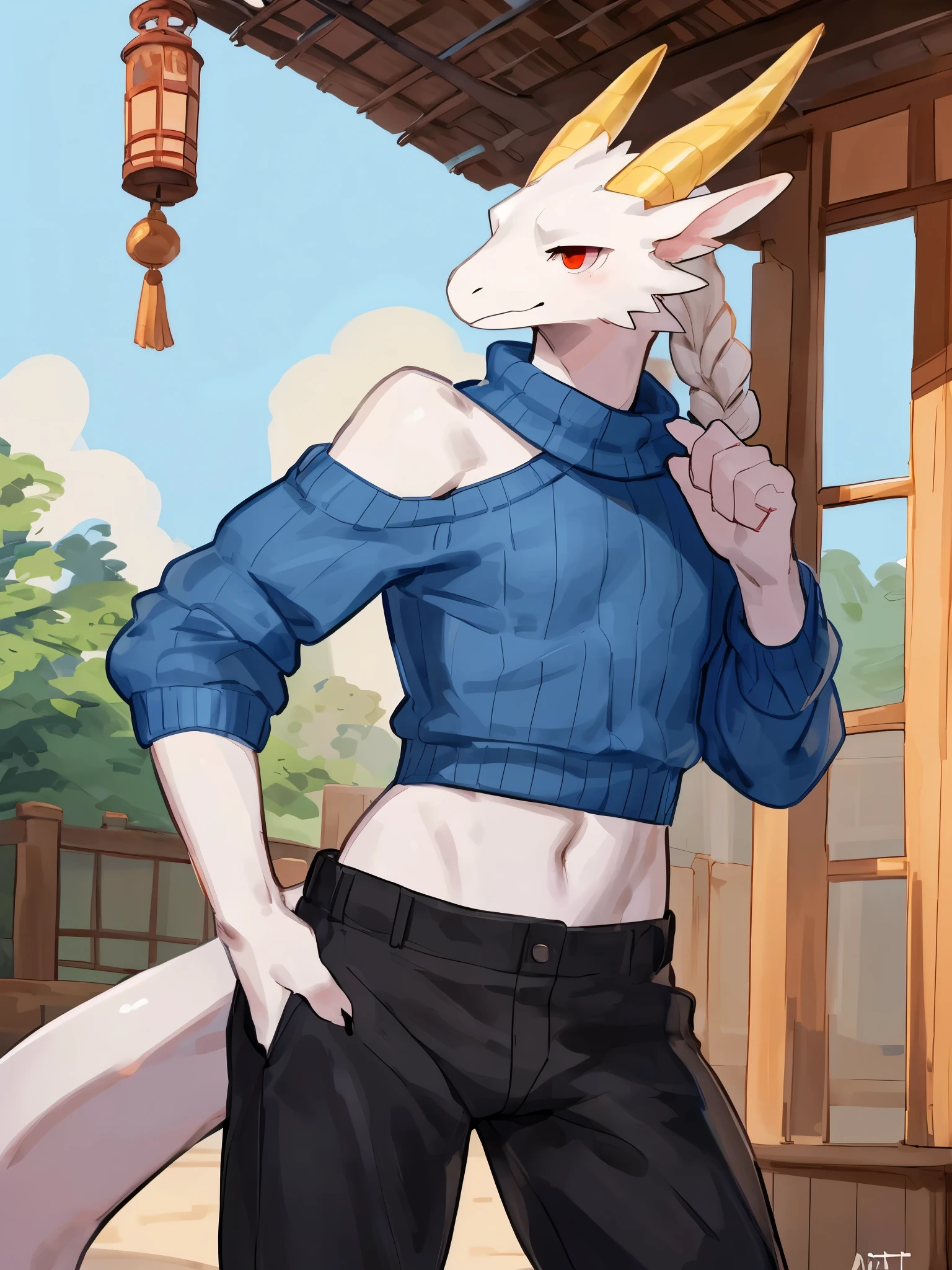 (((Detailed anatomy, detailed eyes detailed body detailed face, best quality, high resolution))), solo, 1male, yellow horn backwards, wingless dragon, adult, white long one braid hair, tail, skinny muscle, relax eyes, light blue skin, detailed light blue scale, red eyes, Sweater crop top, black pants, in the Asian village, by Buta99, by Bebebebebe