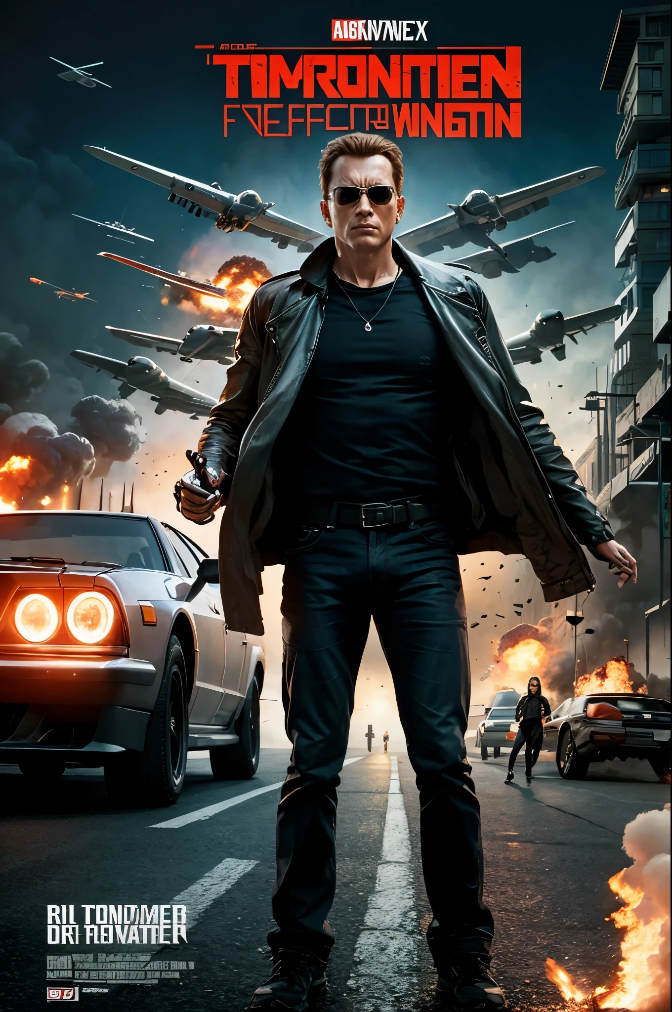 Poster of the robot movie Terminator, explosions, weapons, cars, planes