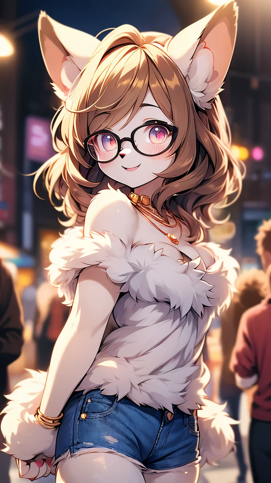 cat girl,furry,dark brown shoulder length short hair,beig fur,pubic fur,neck fur,ultra detailed fur,white strapless,visible belly,denim shorts,glasses,round gold necklace,looking at viewer,grin,blush,close eye,upper body only,night,public street,among crowd
