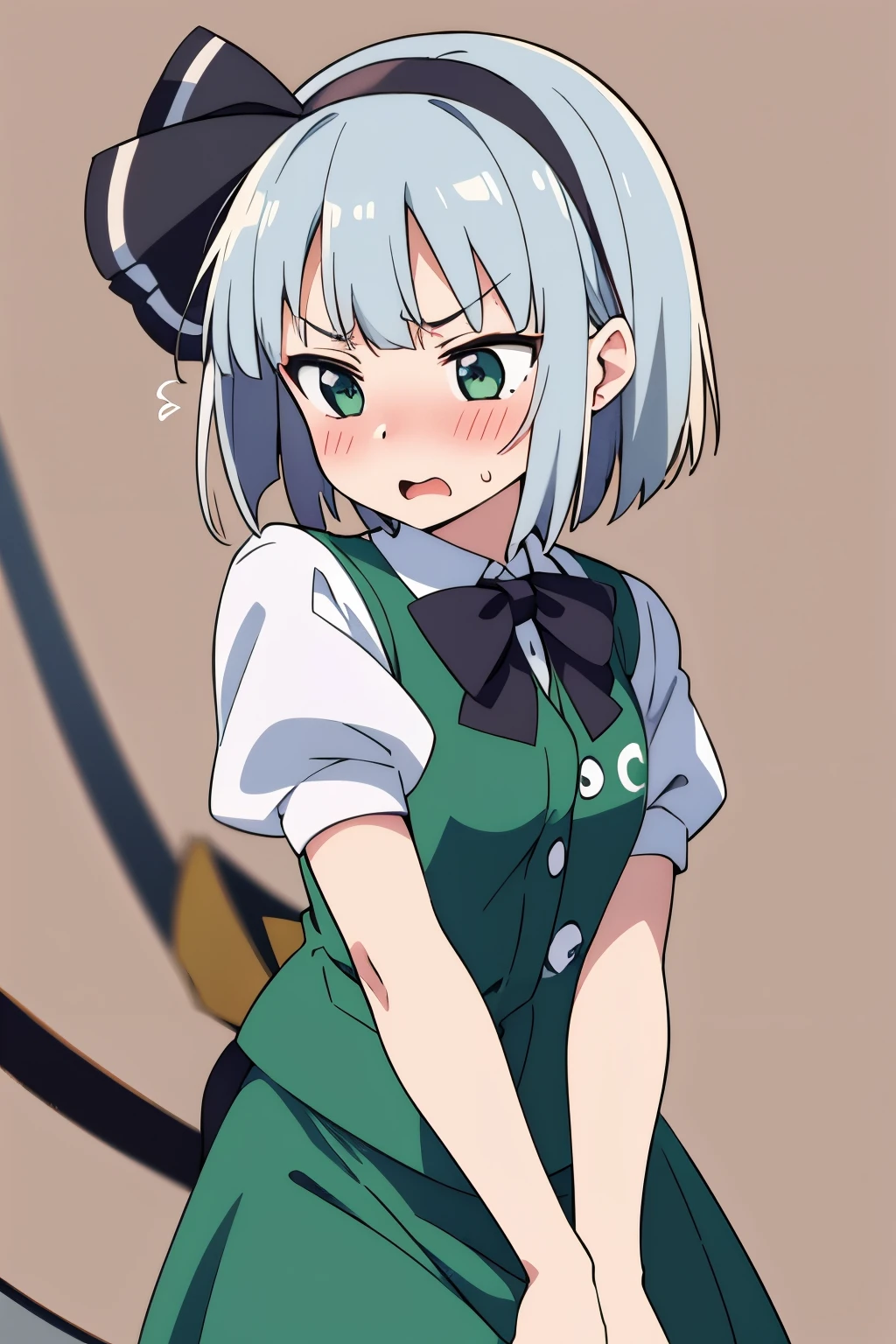 anime style、masterpiece、highest quality、one girl、solo、((konpaku youmu))、blush、embarrassed expression、open your mouth、angry、simple background、arm down