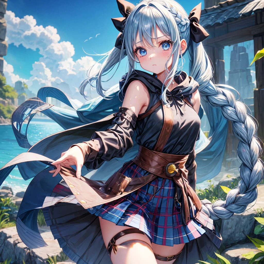 patina hair、blue eyes、Braid、ponytail、one good looking girl、solo、anime、Plaid miniskirt、camisole、black t-shirt、Tilting your face、Doing the ribbon、Ribbon at waist、Raising legs、cloak、the ground is cracked、Crystal Grotto、wearing a hood、look back、bullet、Baibai